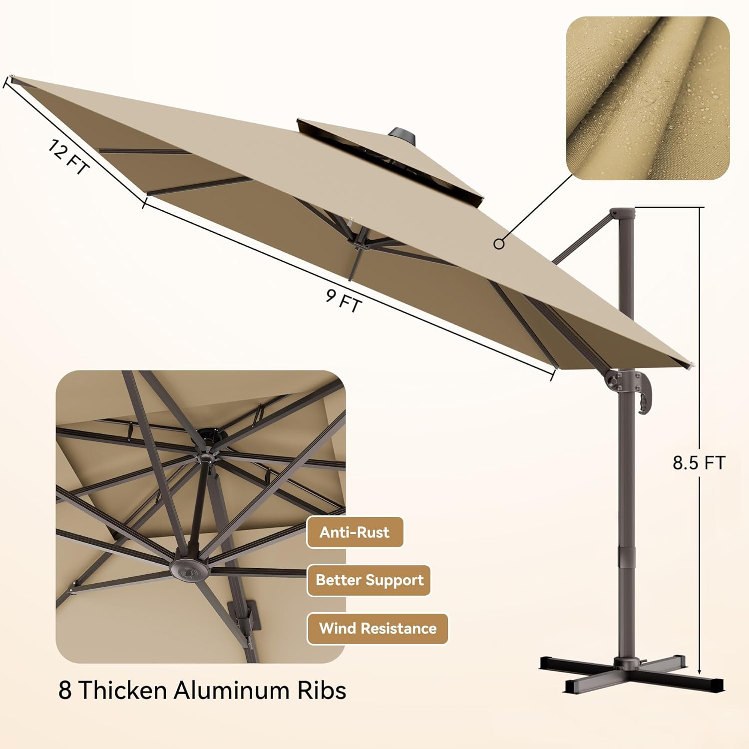 9x12 FT Patio Umbrella, Large Cantilever Rectangular Double Top Heavy Duty Offset Umbrellas with 360° Rotation, Outdoor shade for Garden Deck Pool, Tan