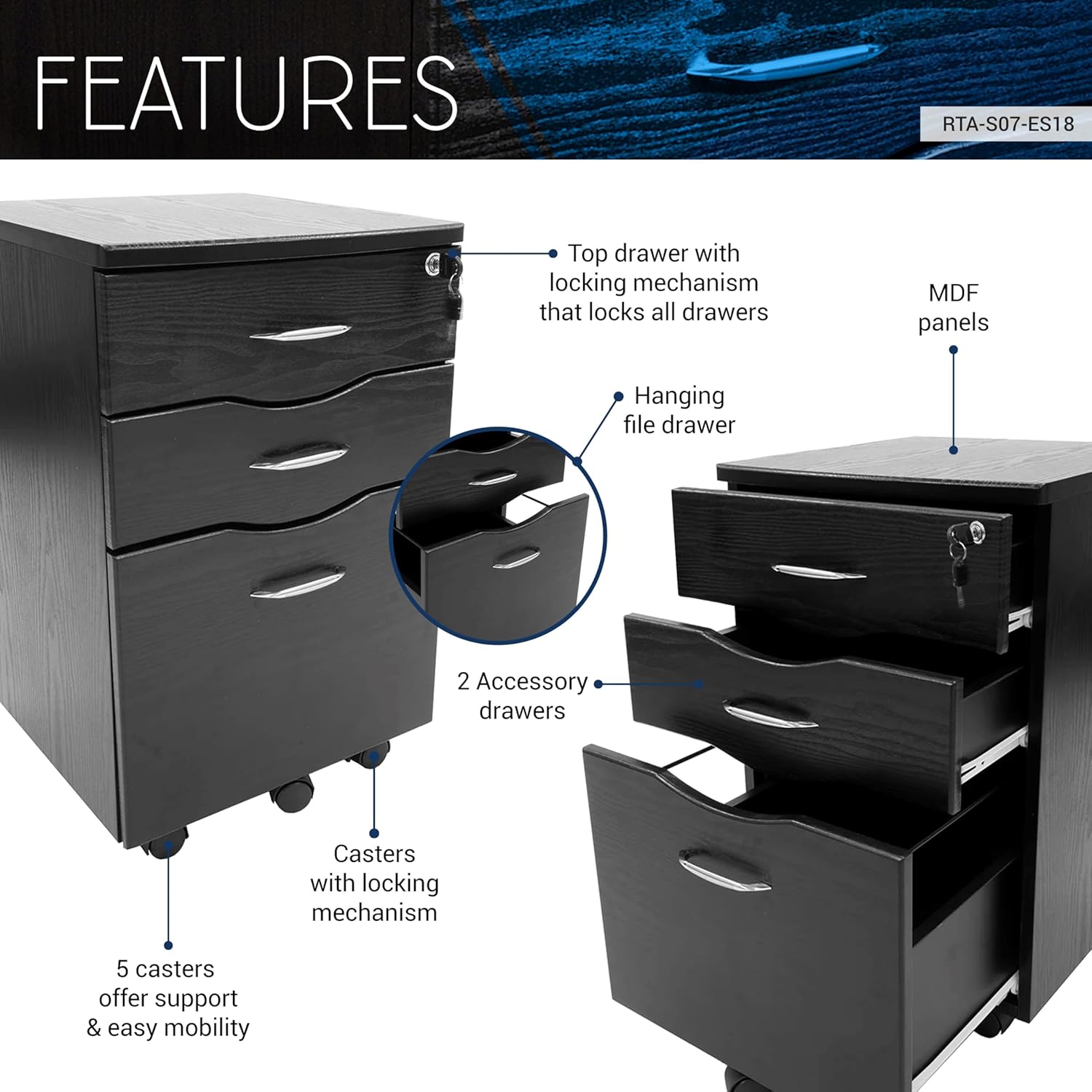 3 Drawer Rolling File Cabinet with Lock, Under Desk File Cabinet with Wheels, Printer Stand, Mobile Printer Shelf, Espresso Brown