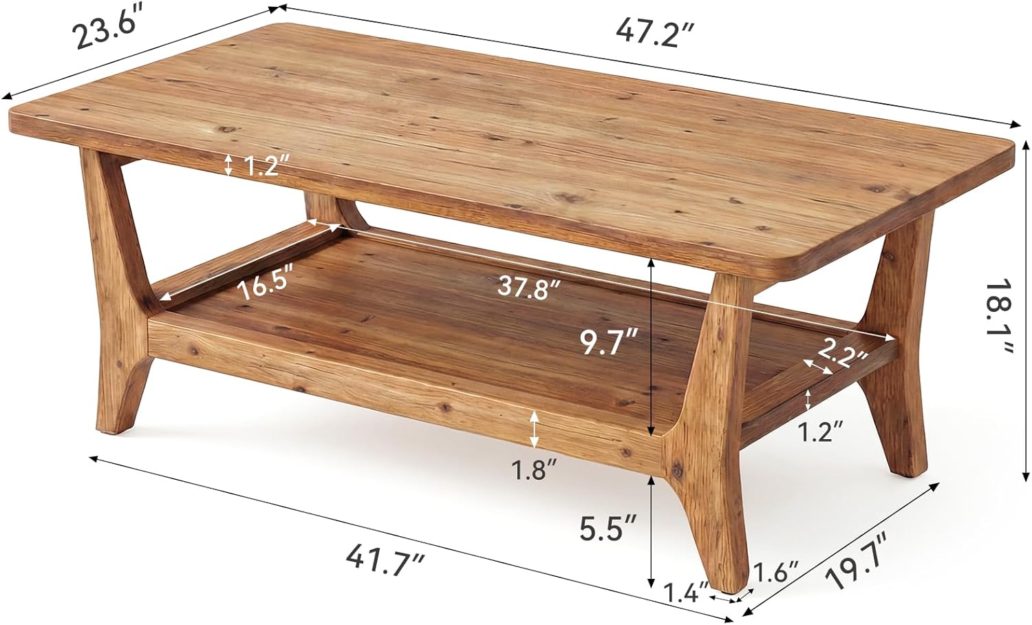 LITTLE TREE Solid Wood Coffee Table, 47-Inch Living Room Center Table with Shelf, 2-Tier, Smooth Corners, Lightweight, Easy Assembly, 23.6