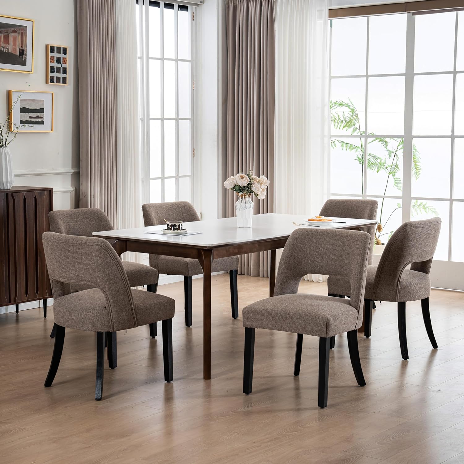VKNOW Wooden Dining Chairs Set of 6, Modern Fabric Upholstered Dining Room Chair Kitchen Chairs, Farmhouse Dinner Chair for Kitchen Dining Room, Brown-Black Legs