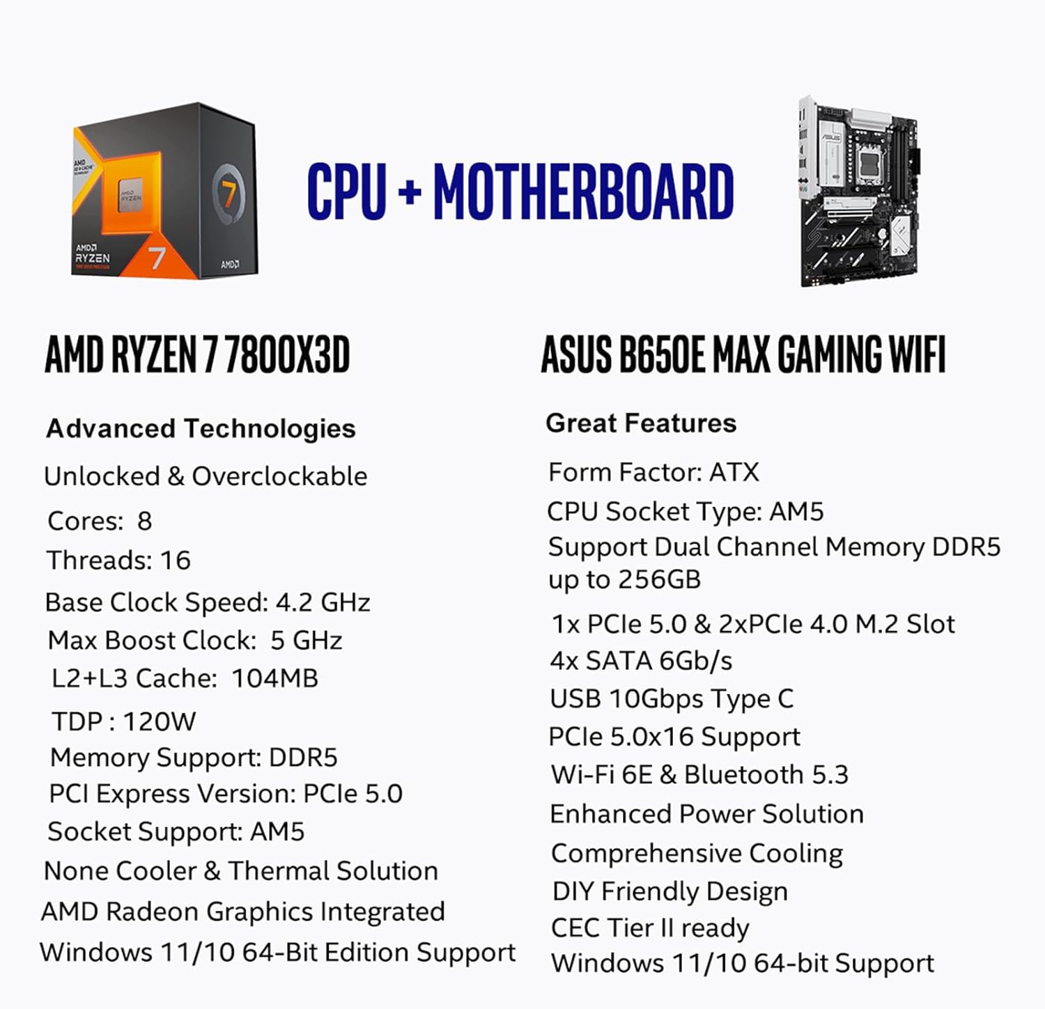 MICRO CENTER AMD Ryzen 7 7800X3D CPU Processor Bundle with ASUS B650E MAX Gaming WiFi AM5 ATX Motherboard (DDR5, PCIe 5.0, 3X M.2, Wi-Fi 6E)