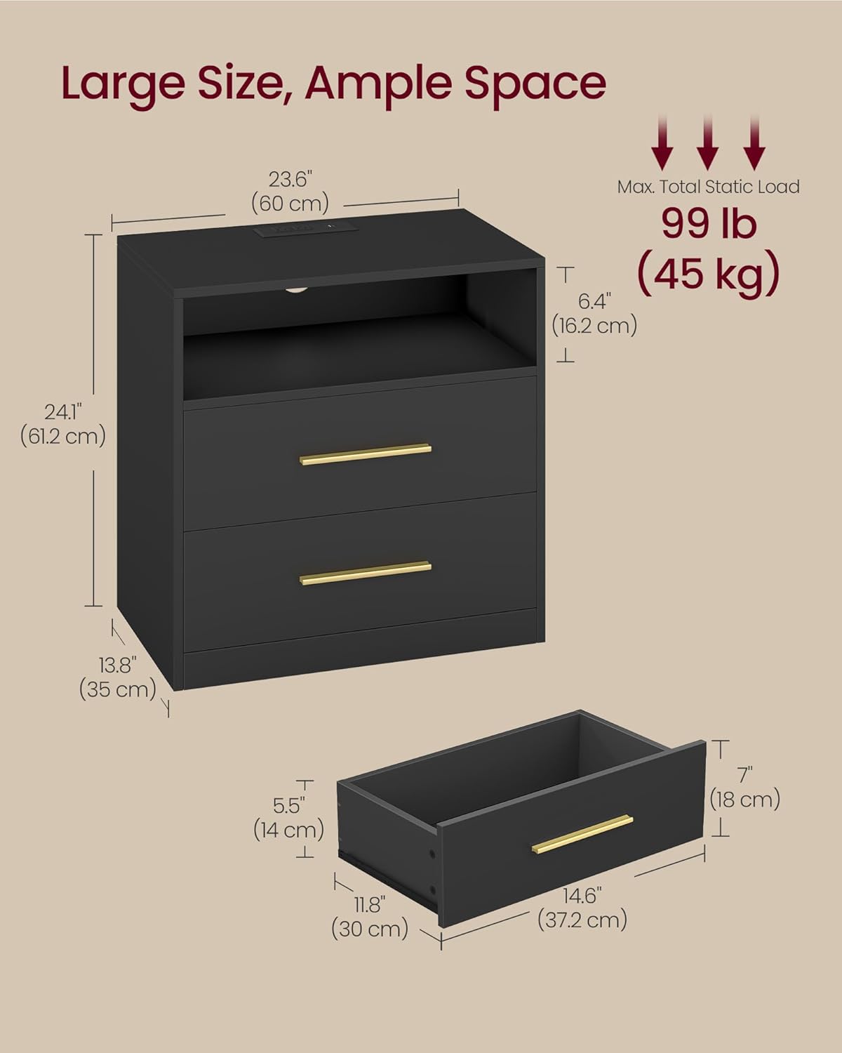 VASAGLE Custos Collection - Set of 2, 23.6 Inch Wide Nightstands with Charging Station, LED Lights, Modern Night Stands, Side End Tables with Drawers, Open Shelf, 2 AC Outlets USB Ports, Ink Black
