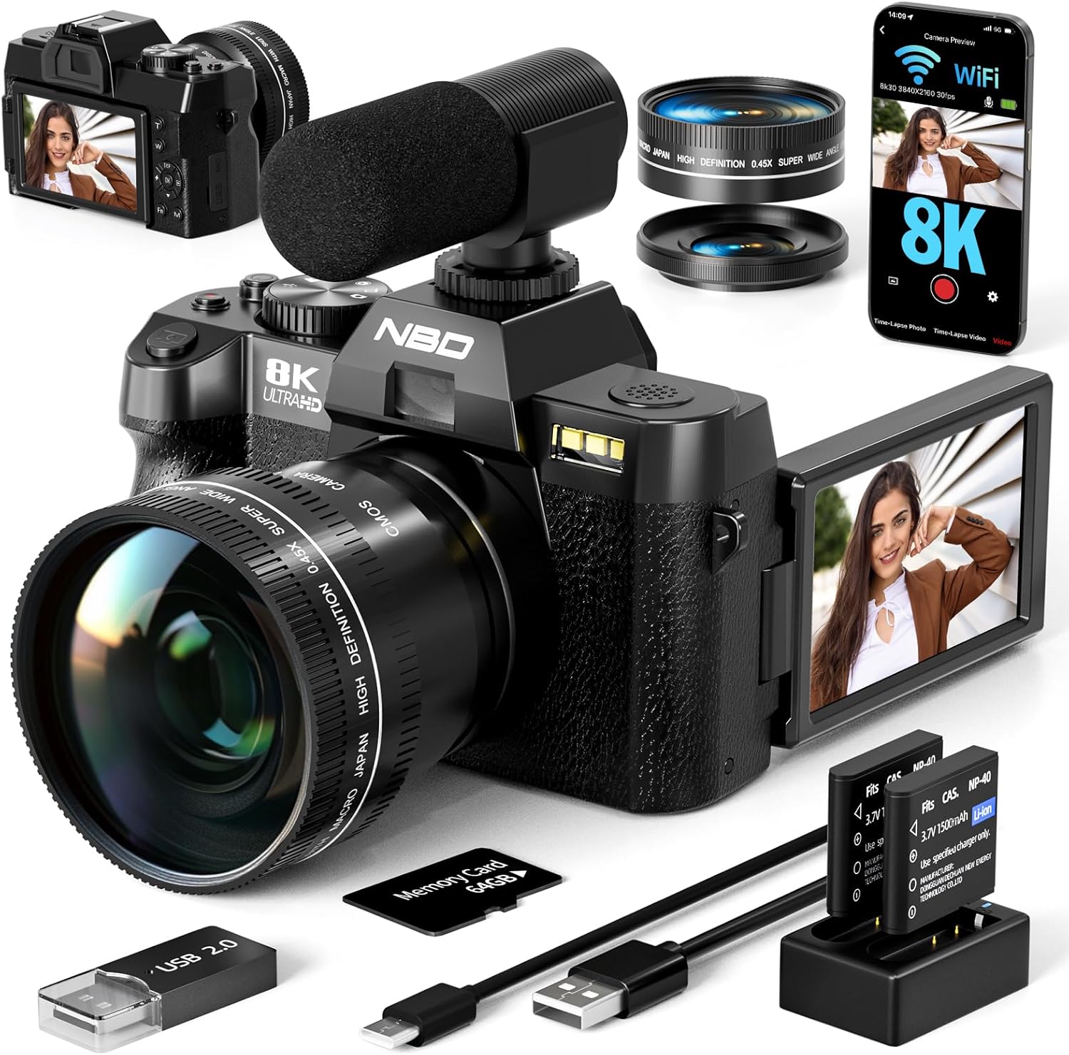 True 8K Digital Cameras for Photography 64MP - WiFi, Wide-Angle & Macro Lens, 16X Zoom Autofocus, 3