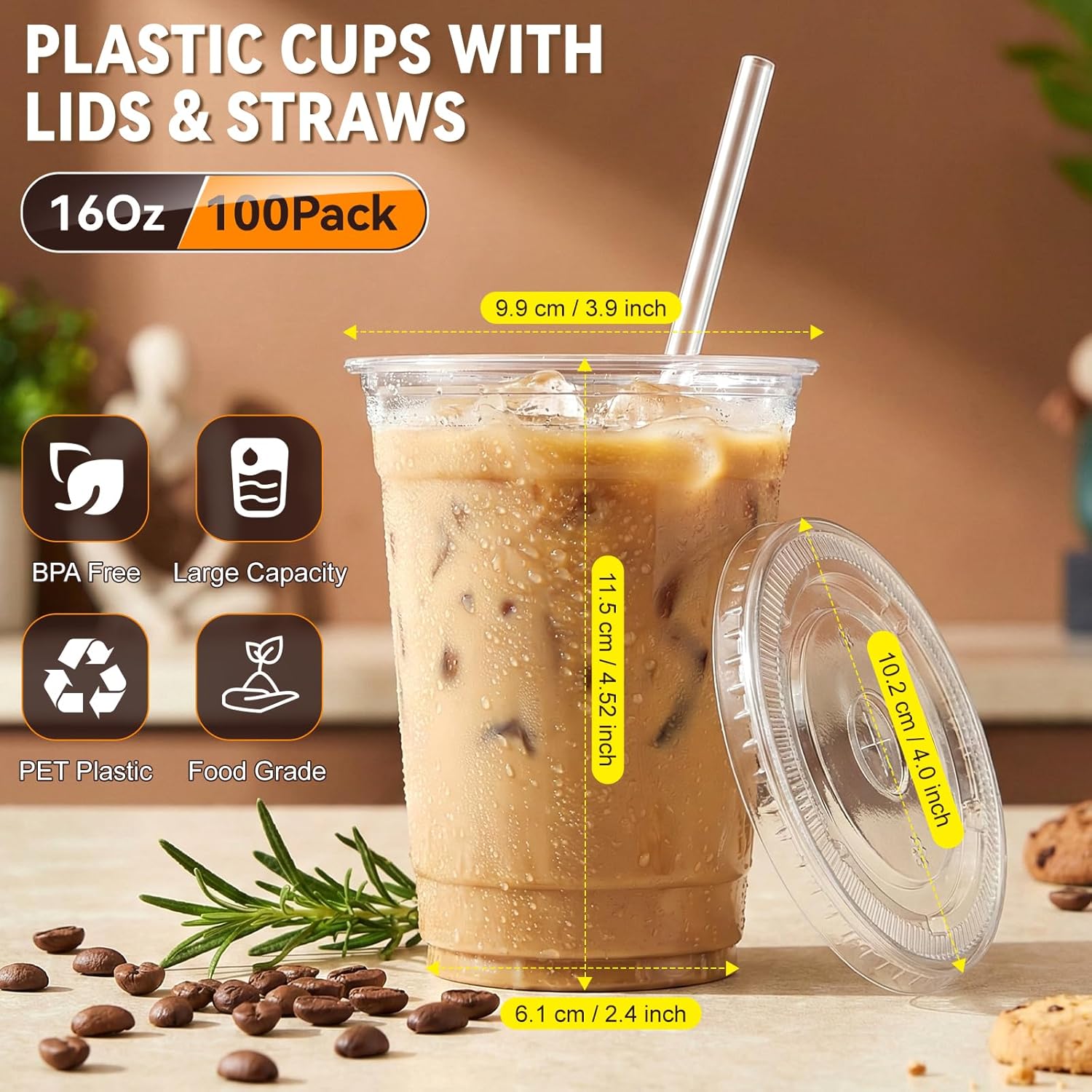 16 oz Clear Plastic Cups with Lids and Straws 100 Pack Iced Coffee Cups with Lids for Smoothie Iced Coffee Disposable Coffee and TO-GO Cups for Cold Drinks, Milkshake, Bubble Tea