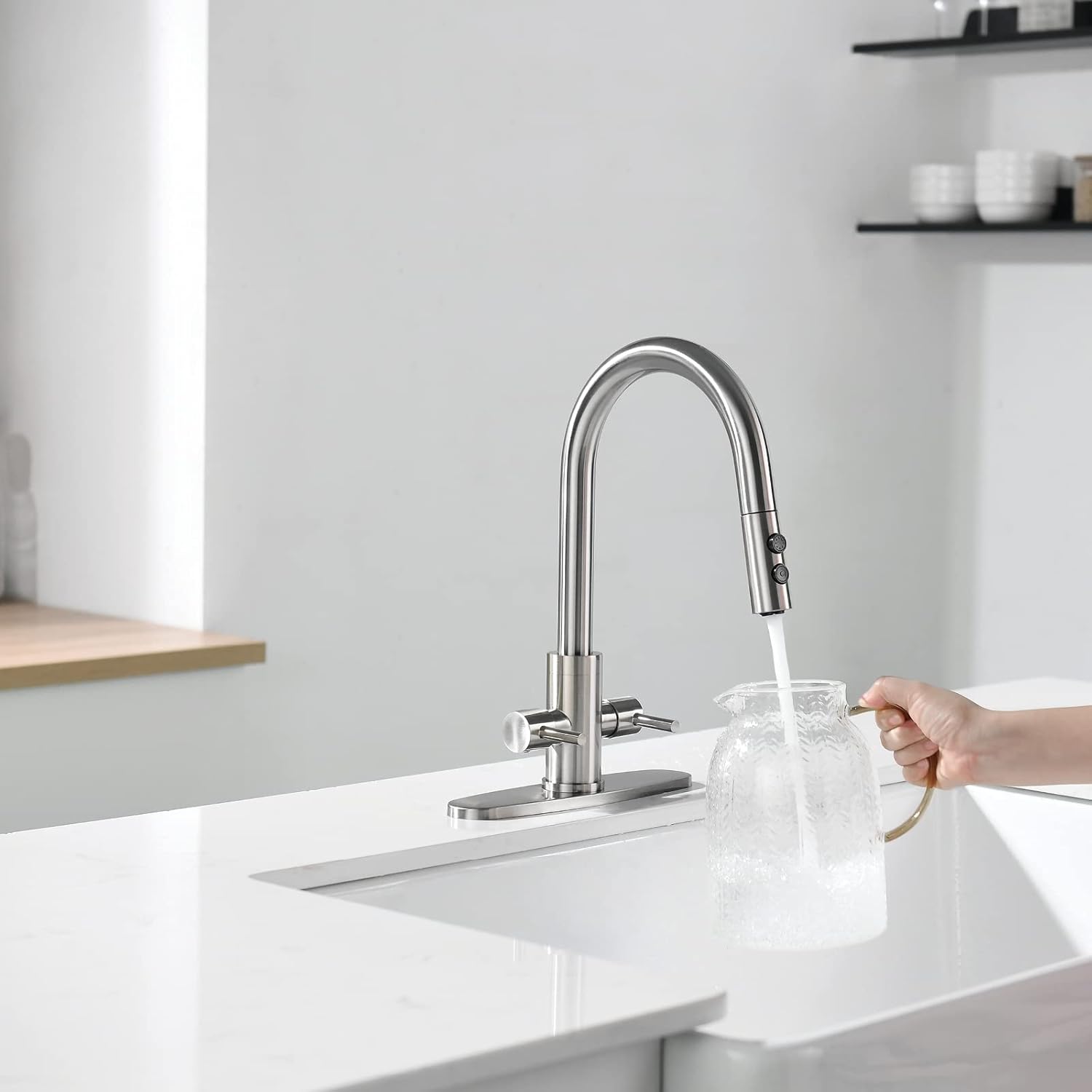 Kitchen Faucet, Two Handles Sink Faucet with Sprayer, Stainless Steel, Brushed Nickel, PB1045