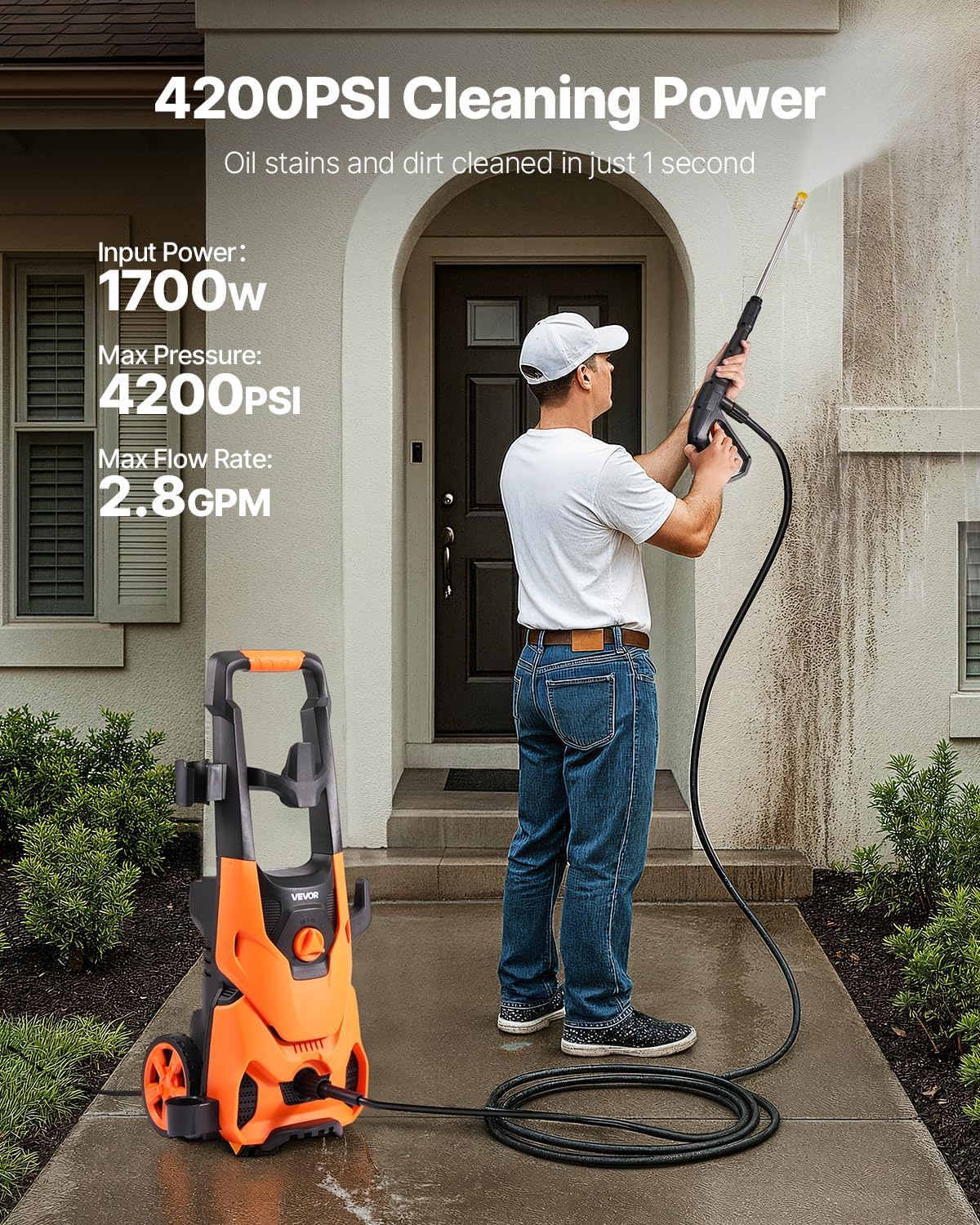 VEVOR Electric Pressure Washer, Max 4200 PSI 2.8 GPM, High-Power Cleaner with Foam Cannon & 4 Nozzles for Driveways, Cars, Fences, Patios, Home Cleaning