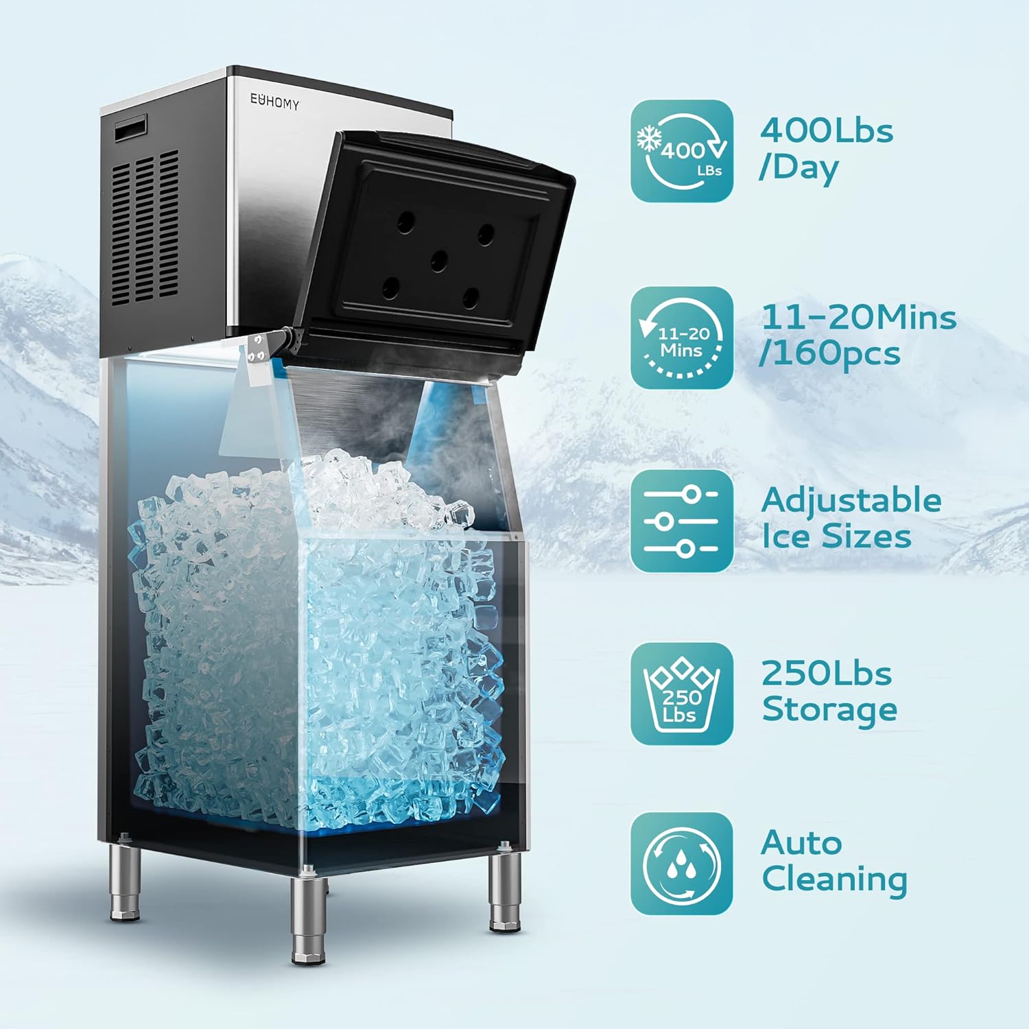 EUHOMY Commercial Ice Maker Machine 400Lbs/24H,ETL Approval, Industrial Ice Machine, 250Lbs Storage, Ice Ready in 11-20min, Stainless Steel Ice Maker for Bar/Cafe/Restaurant/Business