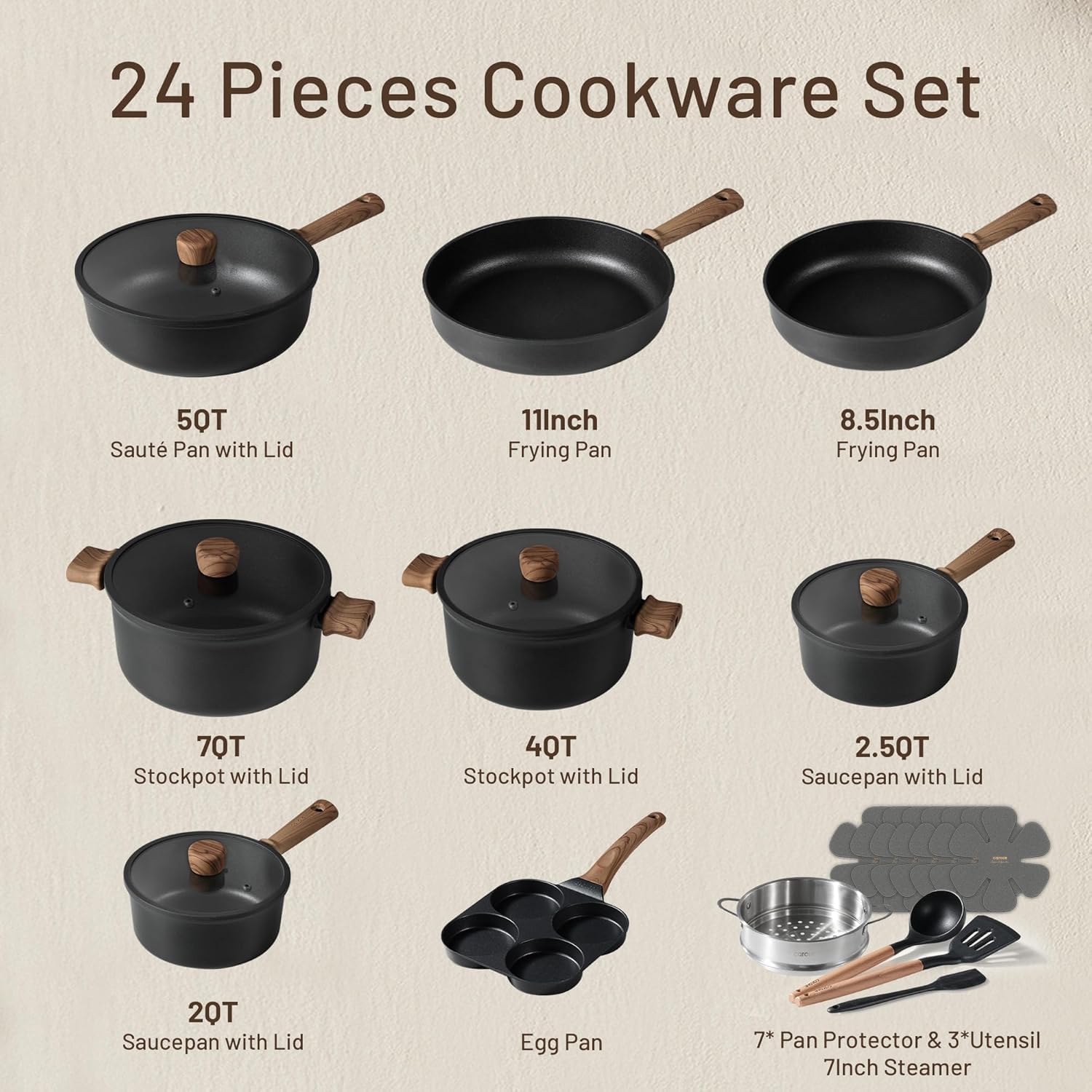 CAROTE 24Pcs Nonstick Kitchen Titanium Cookware Sets, Non stick Pots and Pans set, Induction Cookware Set Black