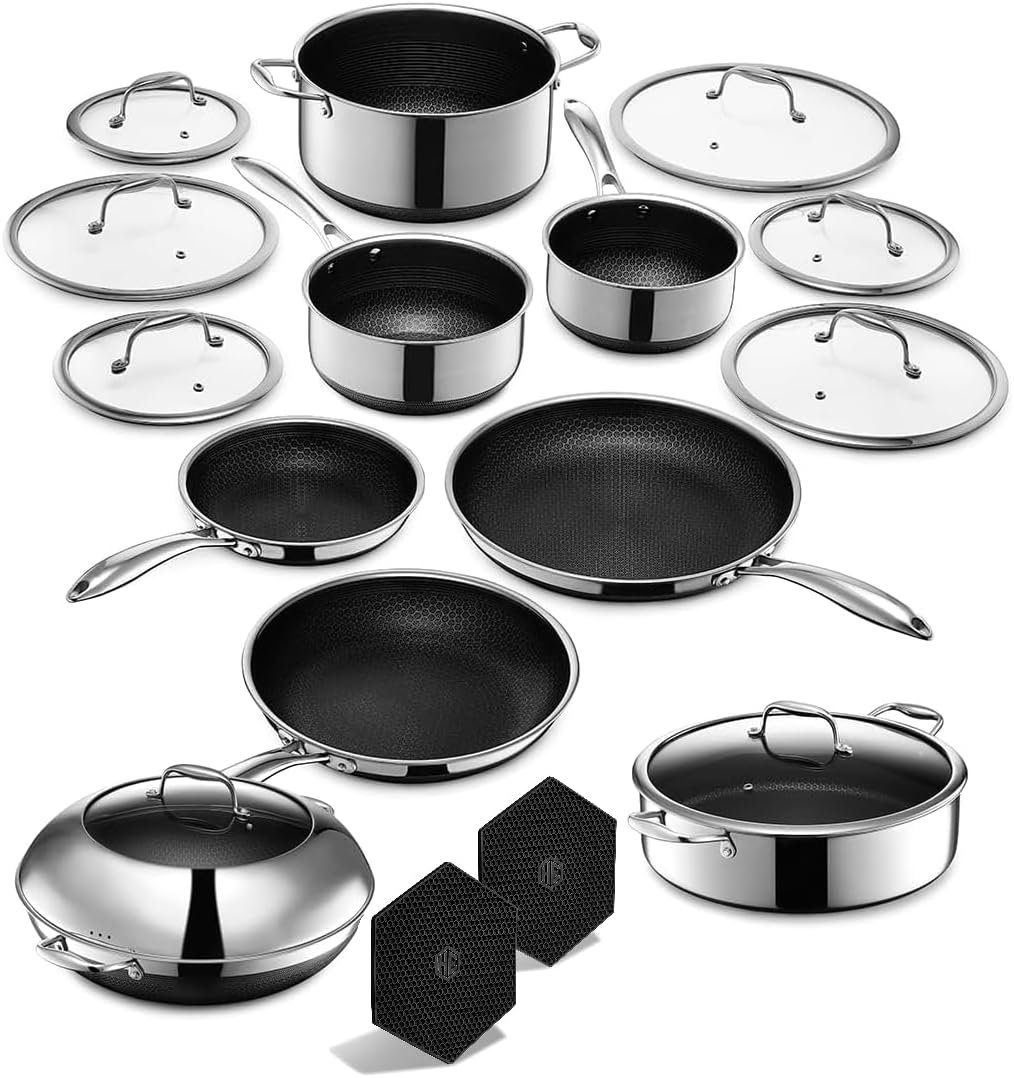 HexClad Hybrid Nonstick 18-Piece Cookware Set, 2, 3, and 8Qt Pots with Lids, 2 Silicone Trivets, 8
