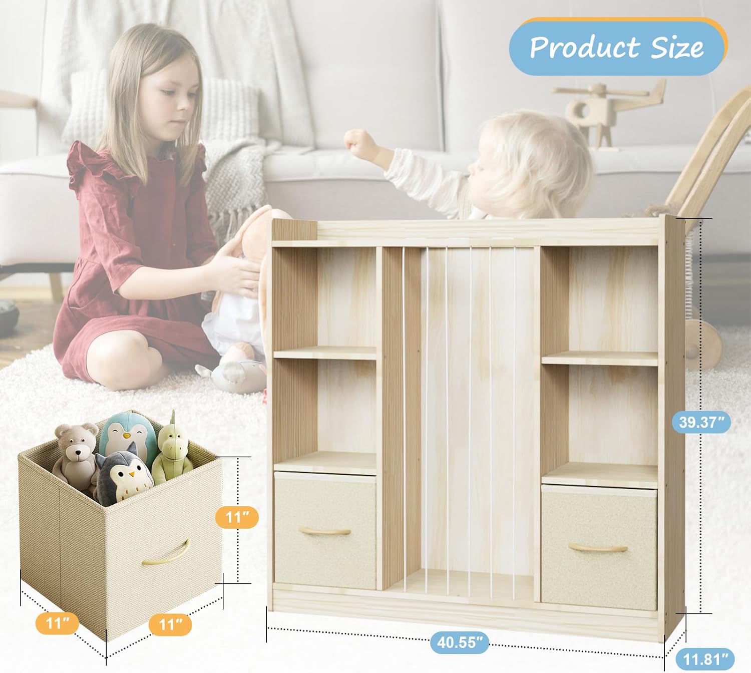 EXPERLAM 4-in-1 Toy Storage Organizer with Stuffed Animal Storage, Solid Pine Kids Bookshelf and Toy Shelf, 6 Cube Shelf with 2 Removable Drawers, Stuffed Animal Zoo for Kids Room, Playroom, Nursery