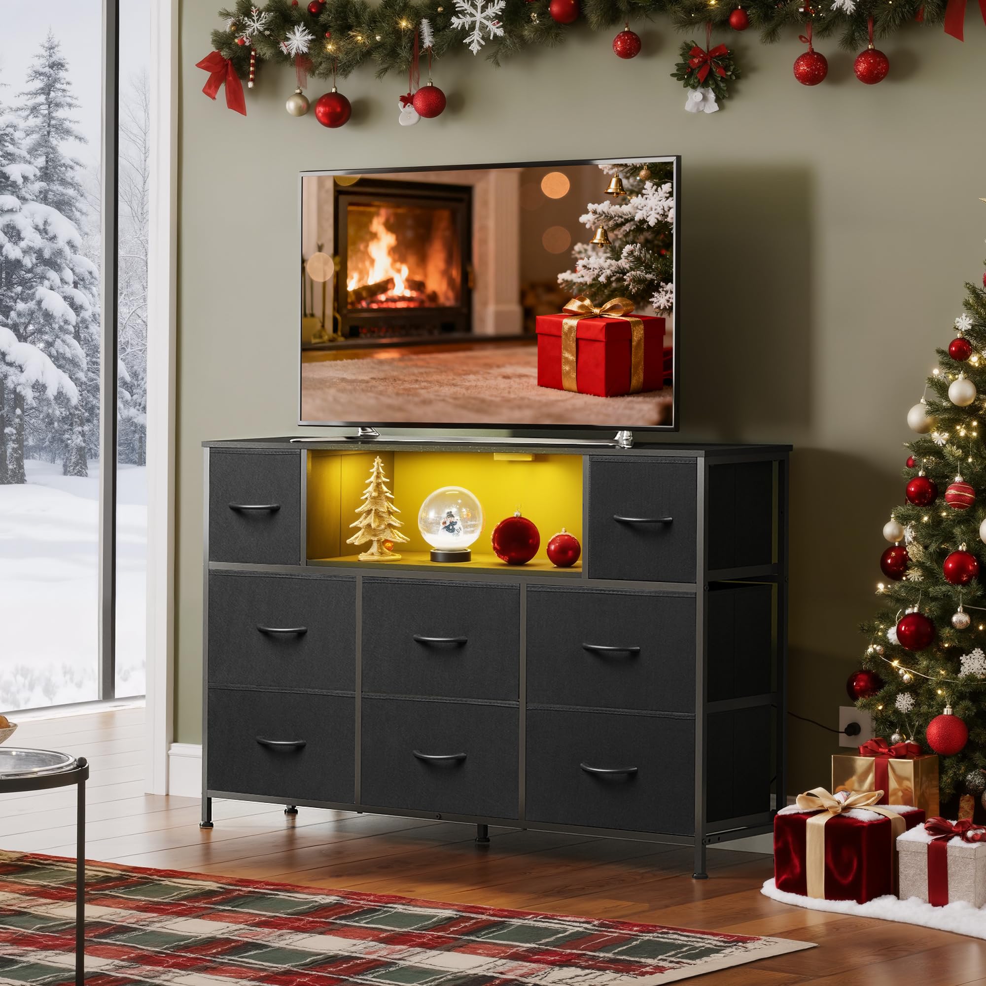 WLIVE Black Dresser TV Stand with LED Lights & Storage