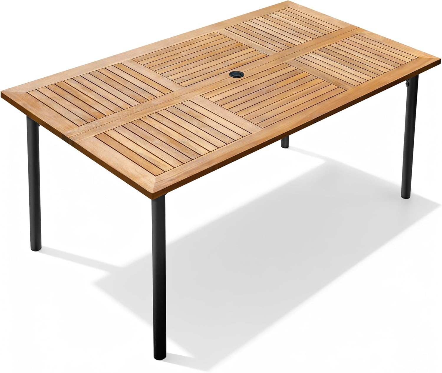 Flamaker Acacia Wood Patio Outdoor Dining Table for 6, Outdoor Table with Umbrella Hole and Metal Legs for Garden, 63''L x 36'' W x 30'' H