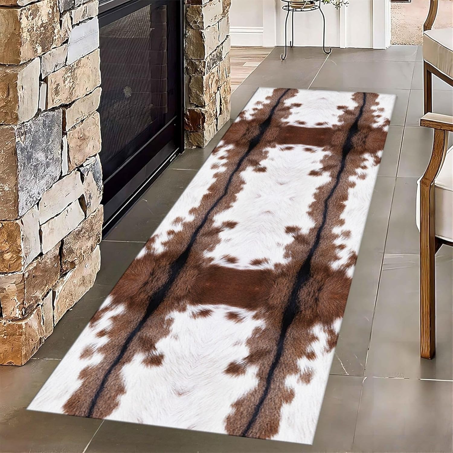 4x12ft Cow Hide Long Runner Rugs,Black White Brown Cow Print Washable Rug Low Pile No Shedding Hallway Runners Western Decor Indoor Mats for Entryway Laundry Room