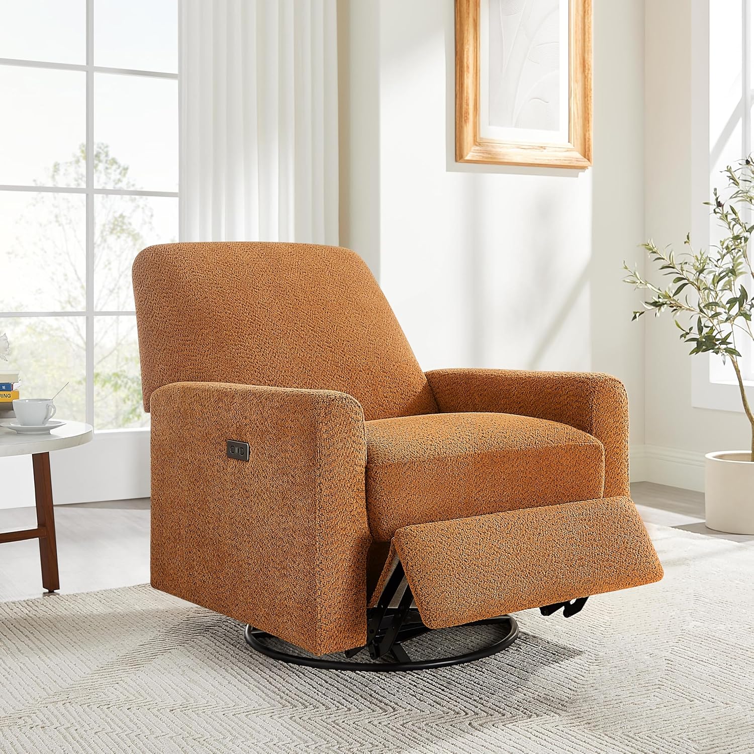 VANOMi Power Recliner Chair, 270° Swivel Nursery Chair with USB Charging Port Comfy Boucle Glider Rocking Chairs for Living Room, Nursery, Bedroom, Curry