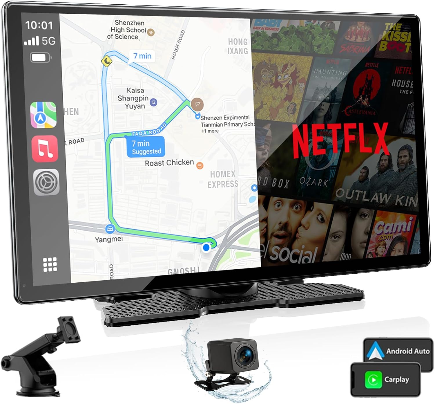Volam 9'' Carplay Screen with Net-Flix YouTube and 1080P Backup Camera Upgraded Android Auto Screen Portable AI Magic Video Box Built-in Apps Voice Control Car GPS for iOS 10+ Android 11+