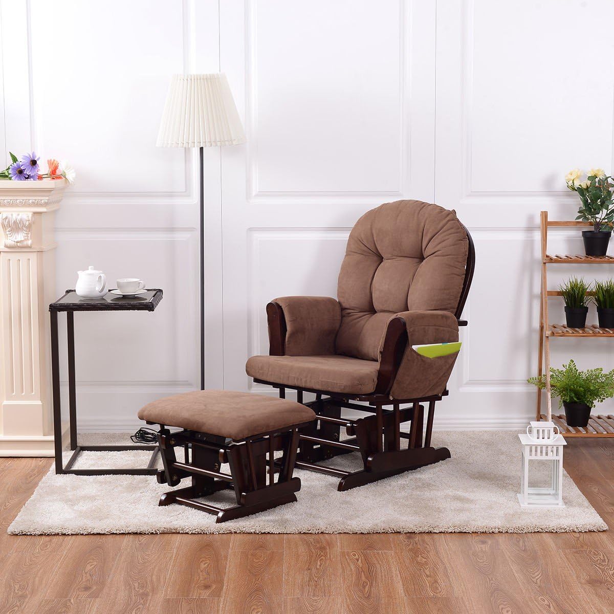 Rocking Chair with Ottoman, Brown, Traditional Style, Wooden, Adjustable Backrest, Recliner, Nursery & Living Room