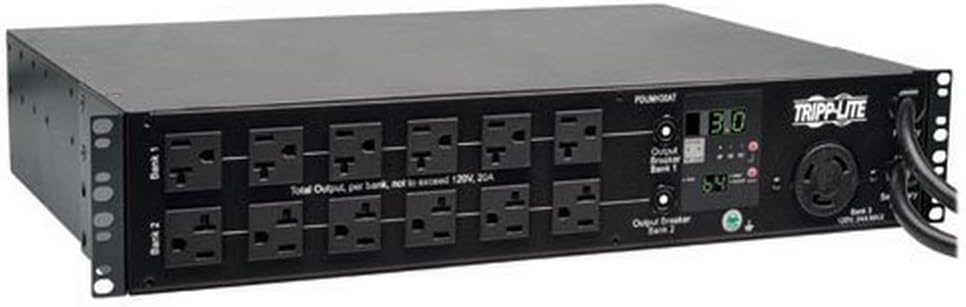Tripp Lite Metered PDU with ATS, 30A, 25 Outlets (24 5-15/20R, 1 L5-30R), 120V, 2 L5-30P, 2 10 ft. Cords, 2U Rack-Mount Power, TAA (PDUMH30AT) , Black