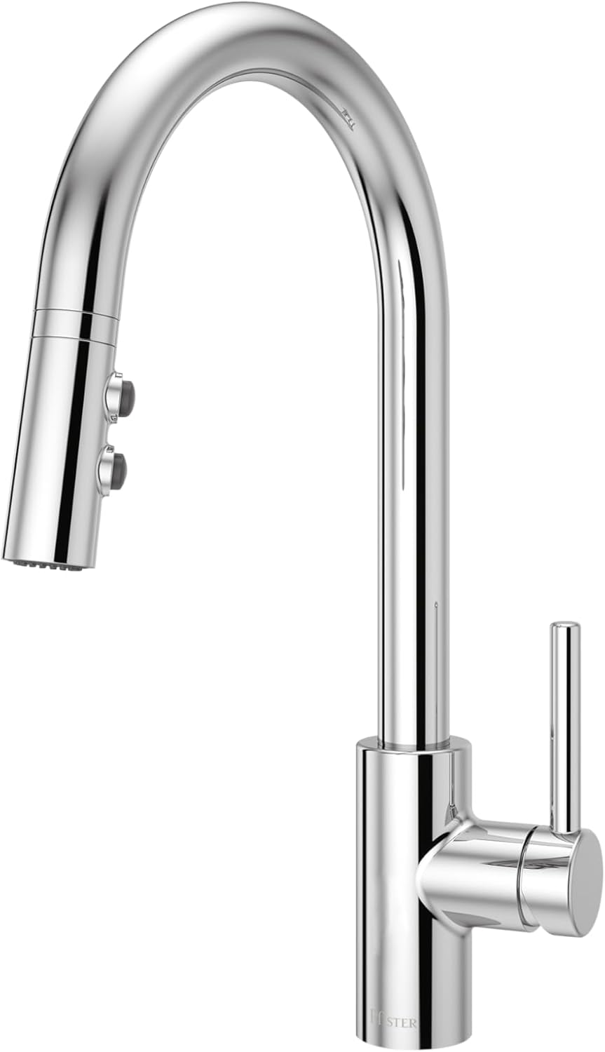Pfister Stellen Kitchen Sink Faucet with Pull Down Sprayer Single Handle High Arc Chrome Finish 3 Water Settings Stream Spray Pause Forward-Only Handle Modern Design LG529SAC