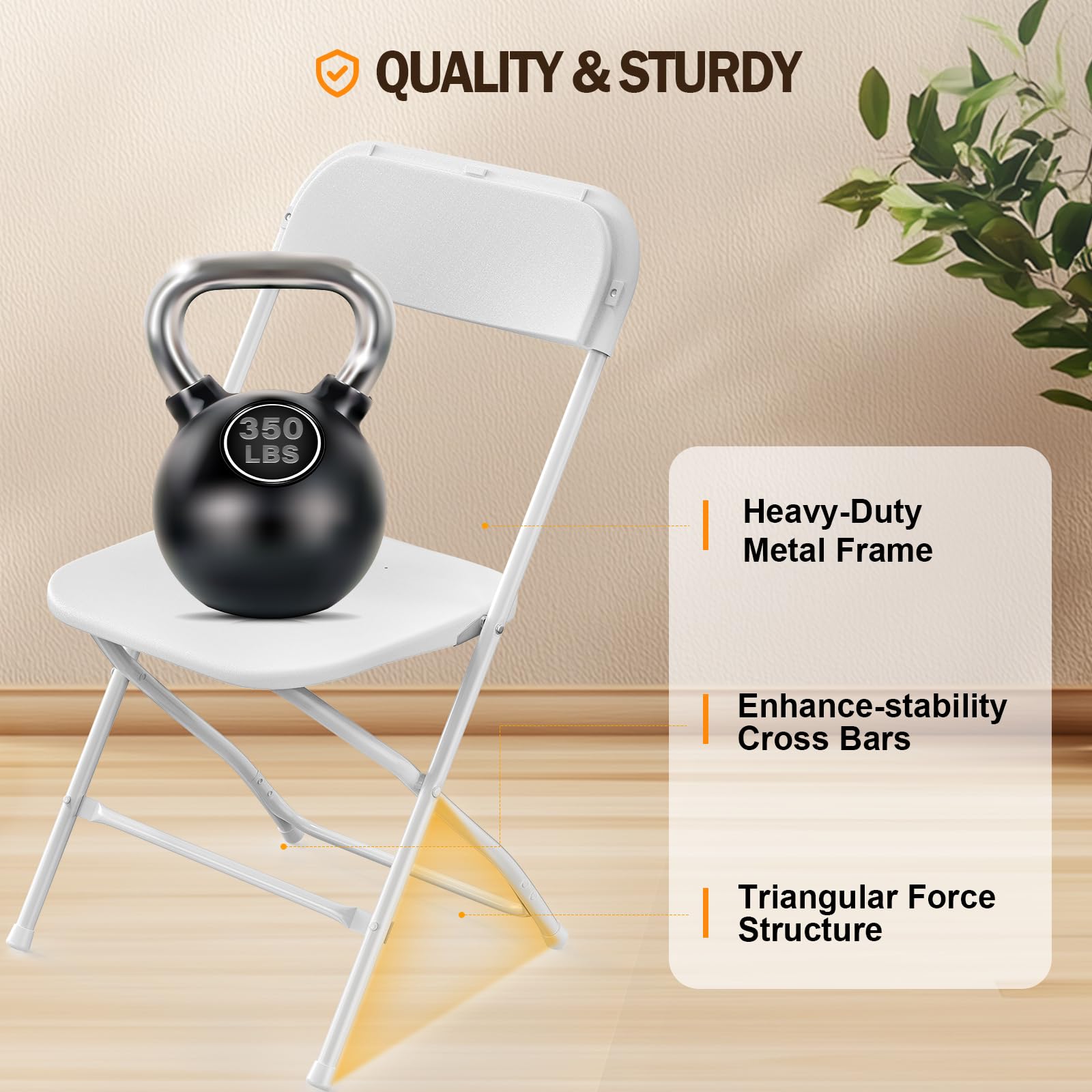 BONNLO Folding Chairs Set of 10 - White Plastic & Metal Frame