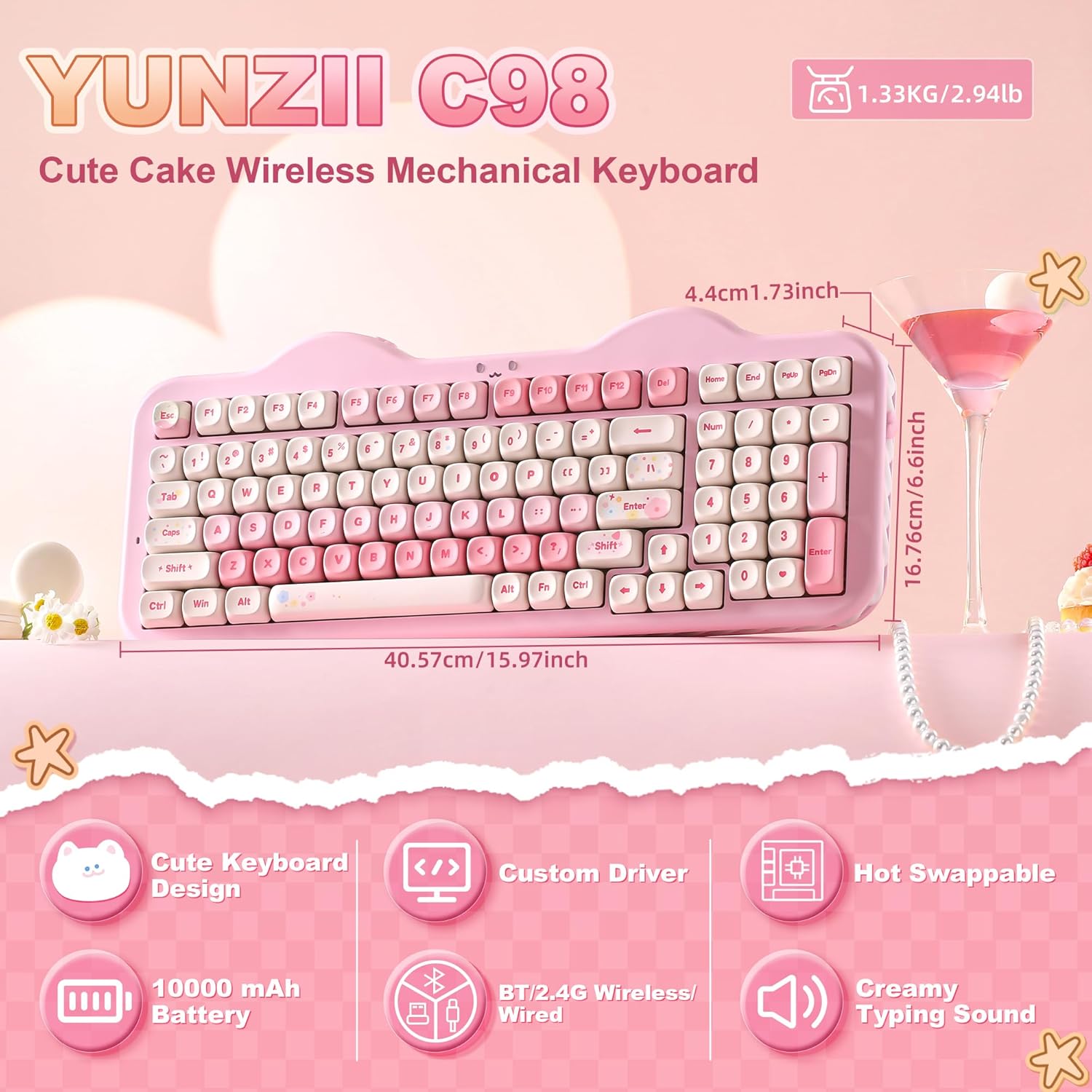 YUNZII C98 Wireless Mechanical Keyboard with Number Pad,99 Key BT5.0/2.4G/USB-C Hot Swap Gasket Mount with PBT MOA Keycaps,Custom RGB,Cute Cake Keyboard for Win/Mac (Pink, Milk V2 Linear Switch)