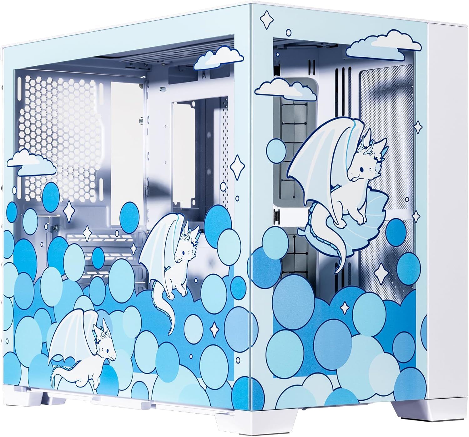 Velztorm Frosty Dragon Blue Limited Edition Art Aluminum Tempered Glass O11 Dynamic Mini Snow White Gaming Computer Case, Supports Mini-ITX, Micro-ATX, and ATX Motherboard Sizes, O11D Mini-S