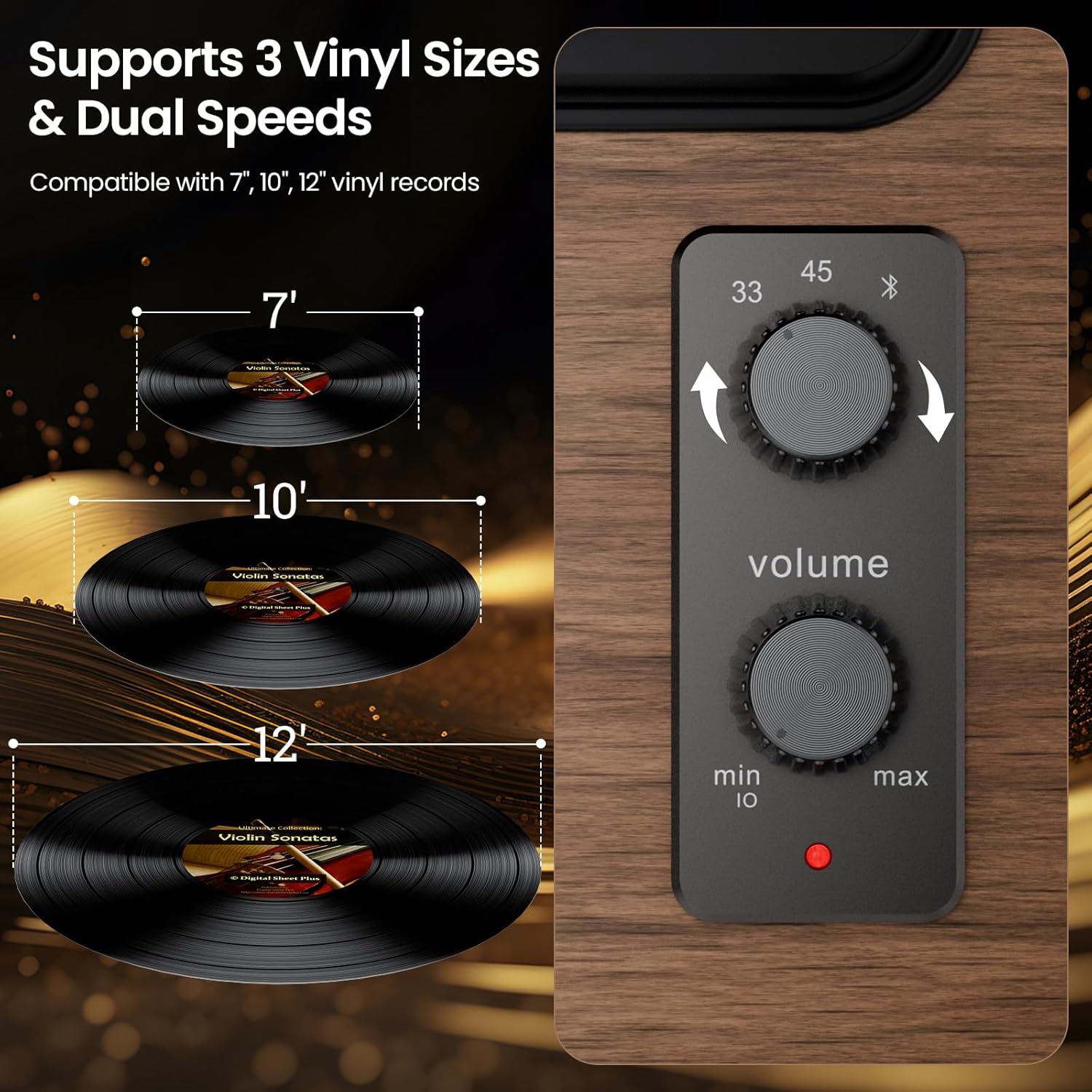 XJ-HOME All in One Vinyl Record Player with 4 Treble/Bass Stereo Speakers,Bluetooth HiFi Turntables for Vinyl Records with Magnetic Cartridge AT-3600L,Phono Preamp,33/45RPM,2-Speed,AUX in/RCA Out