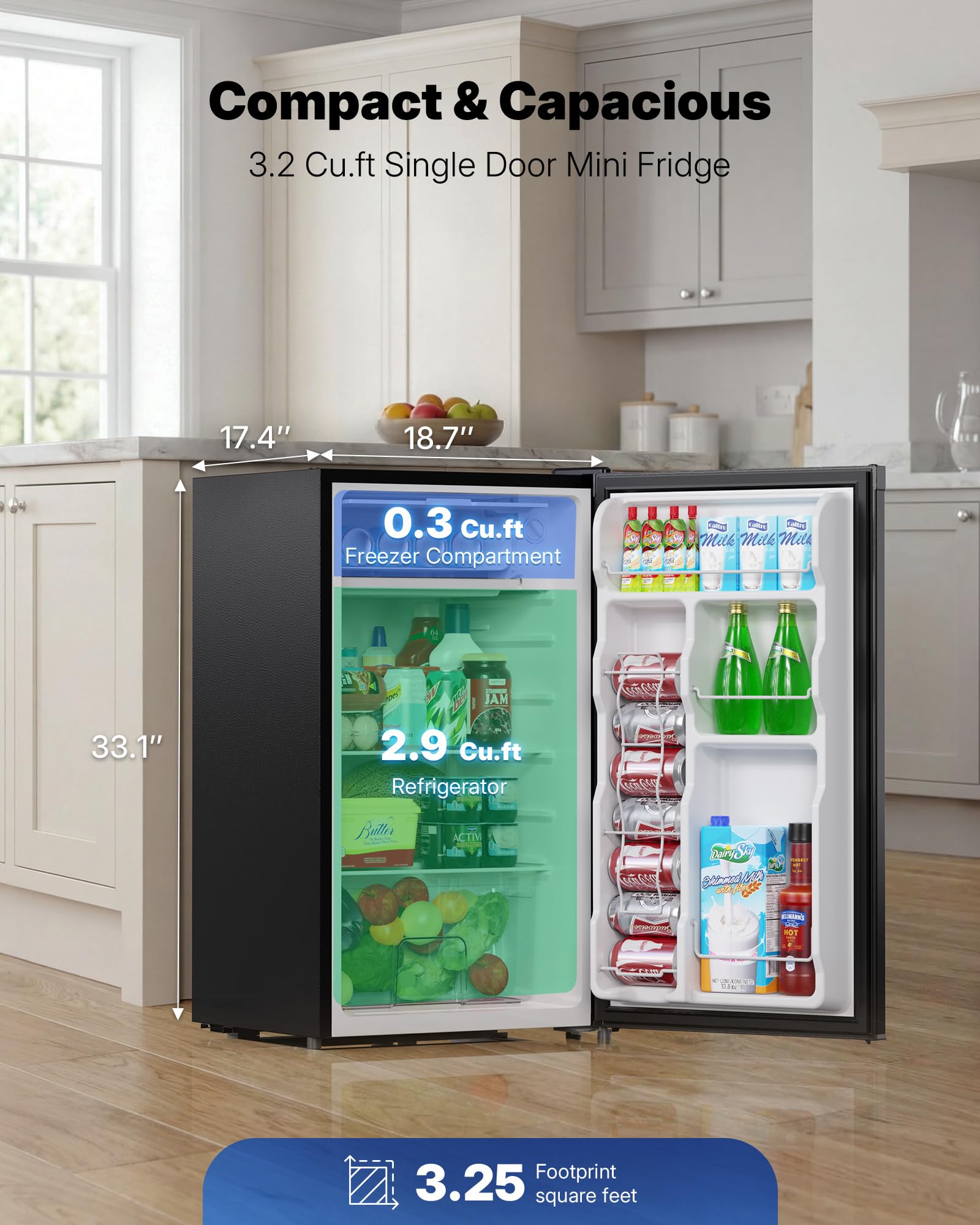 UPSTREMAN 3.2 Cu.Ft Mini Fridge with Freezer - Compact Black