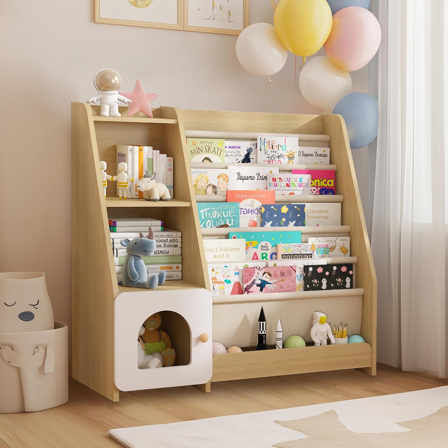 FKWin Kids Bookshelf, 5 Layer Sling Bookcase with 4 Tier Storage Organizer, Baby Book Rack, Wooden Bookshelves for Playroom, Bedroom, Living Room, Kids Room, Nursery, School (Natural)