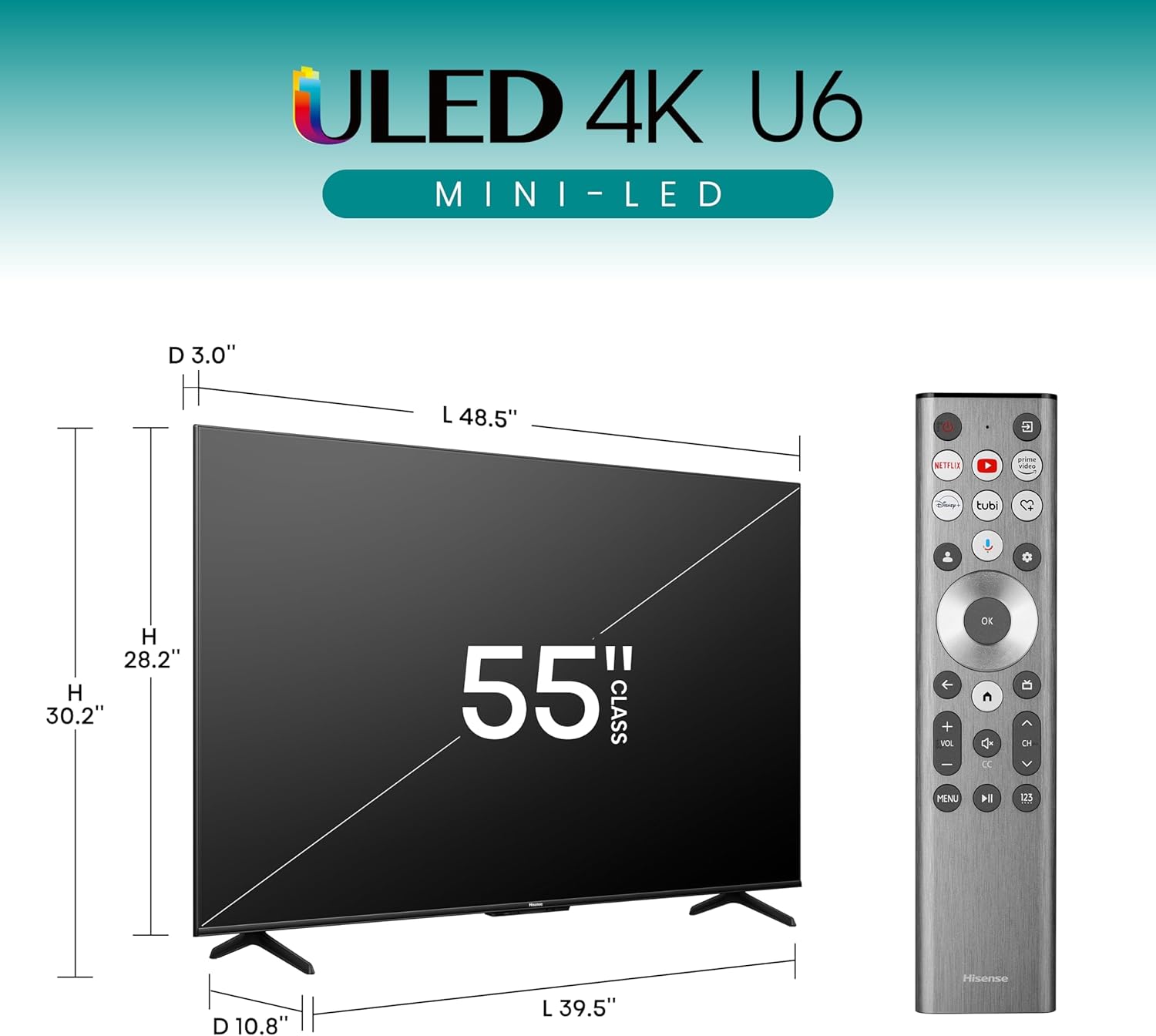 Hisense 55-Inch Class U6 Series Mini-LED ULED 4K UHD Google Smart TV (55U6N) - QLED, Motion Rate 240, HDR 10+, Full Array Local Dimming, Game Mode Plus, Alexa Compatibility