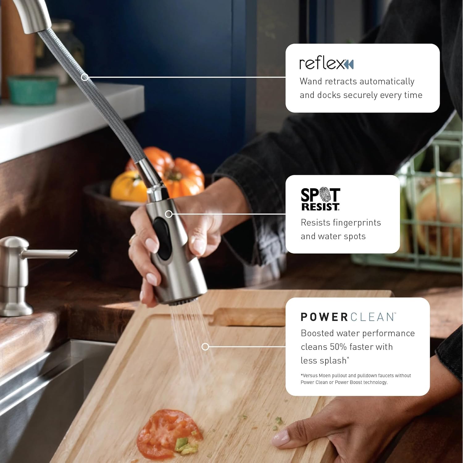 Moen Kaden Spot Resist Stainless One-Handle Transitional Kitchen Pulldown Faucet with Reflex and Power Clean Spray Technology, 87966SRS