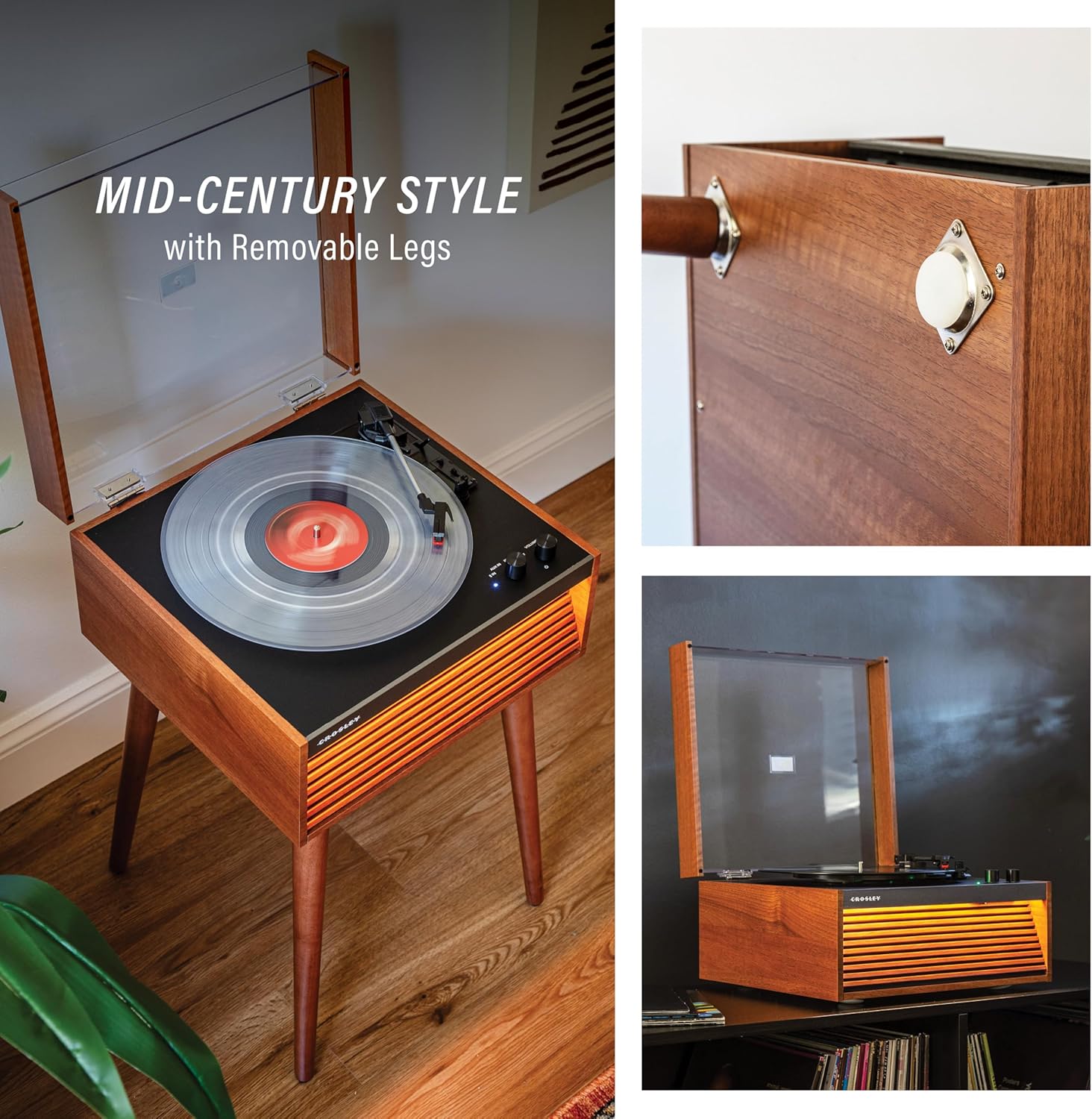 Crosley CR6237A-NA Dean 3-Speed Bluetooth in/Out Vinyl Record Player Turntable with Built-in Speakers, LED Lights and Detachable Legs, Natural