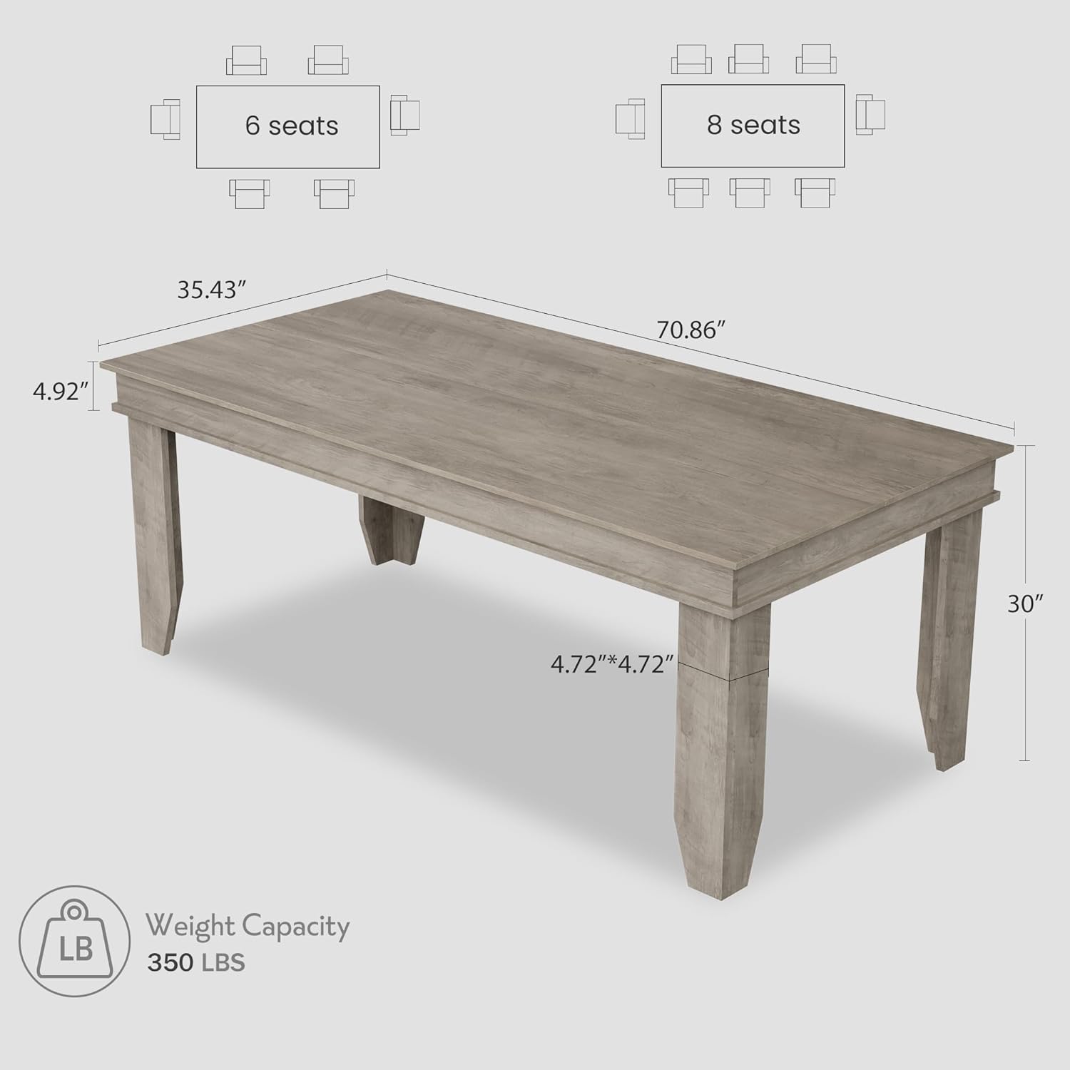 GarveeHome Farmhouse Dining Table for 6-8 People, 71 in Long Kitchen Tables with Wooden Sturdy Frame, 6 ft Large Rectangular Dinner Table for Dining Room, Kitchen, Grey, 71