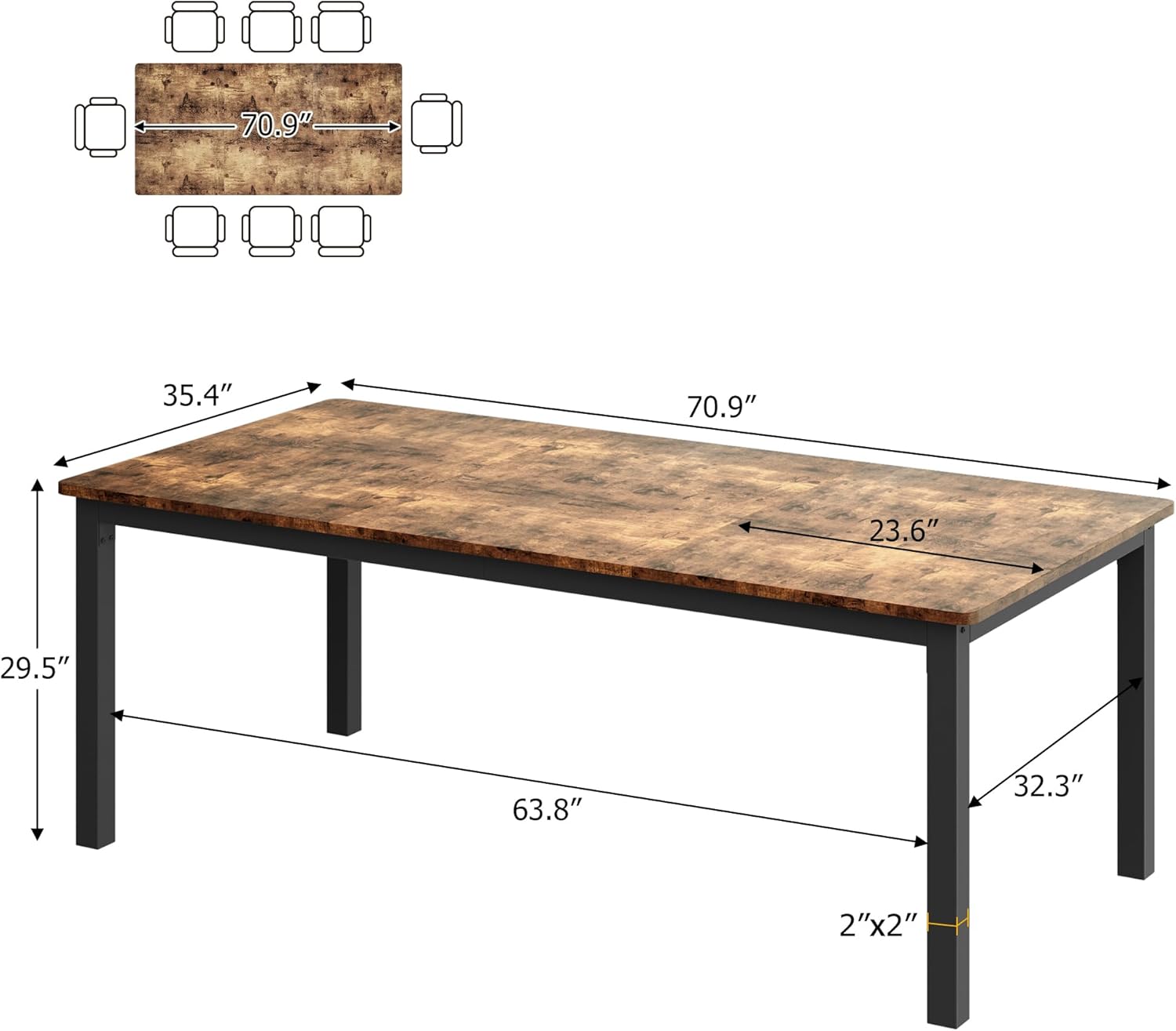 GarveeHome 70.8 in Industrial Dining Table for 6, Wooden Long Dinner Table with Mortise Tenon Design, Kitchen Table with Sturdy Metal Legs, for Dining Room Home Office Living Room, Retro