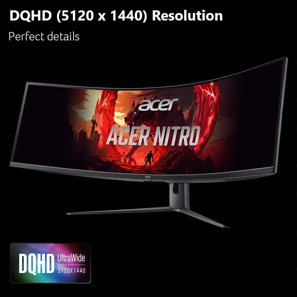 Acer Nitro 49” Gaming Monitor | UltraWide DQHD 5120 x 1440 | 1000R 32:9 Curved | AMD FreeSync | 240Hz Refresh Rate | 3ms (G to G) | 1 x Display Port 1.4 & 2 x HDMI 2.0 Ports | EI491CUR W3biiphx
