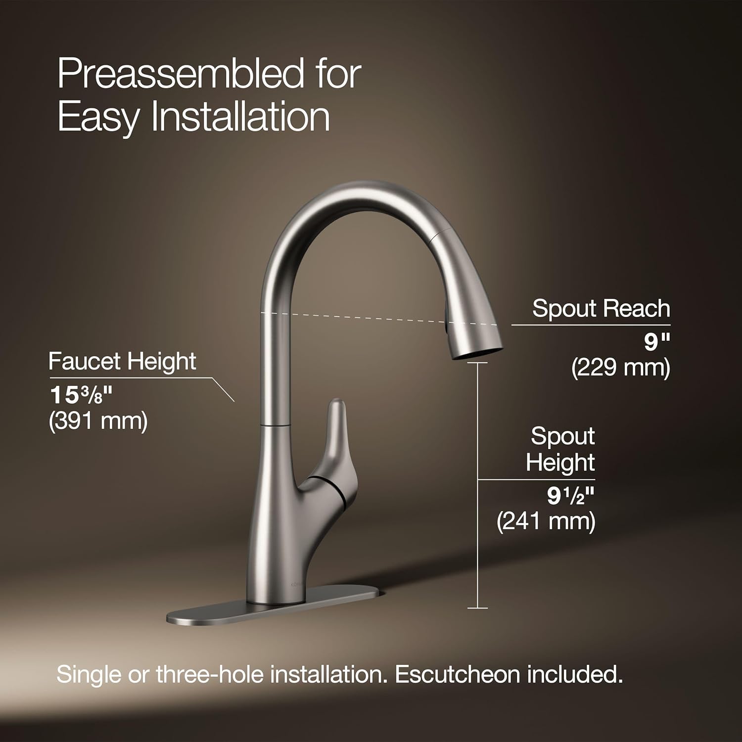 KOHLER 30469-VS Rival Single Handle Pull-Down Kitchen Faucet, Kitchen Sink Faucet with Pull-Down Sprayer, Vibrant Stainless