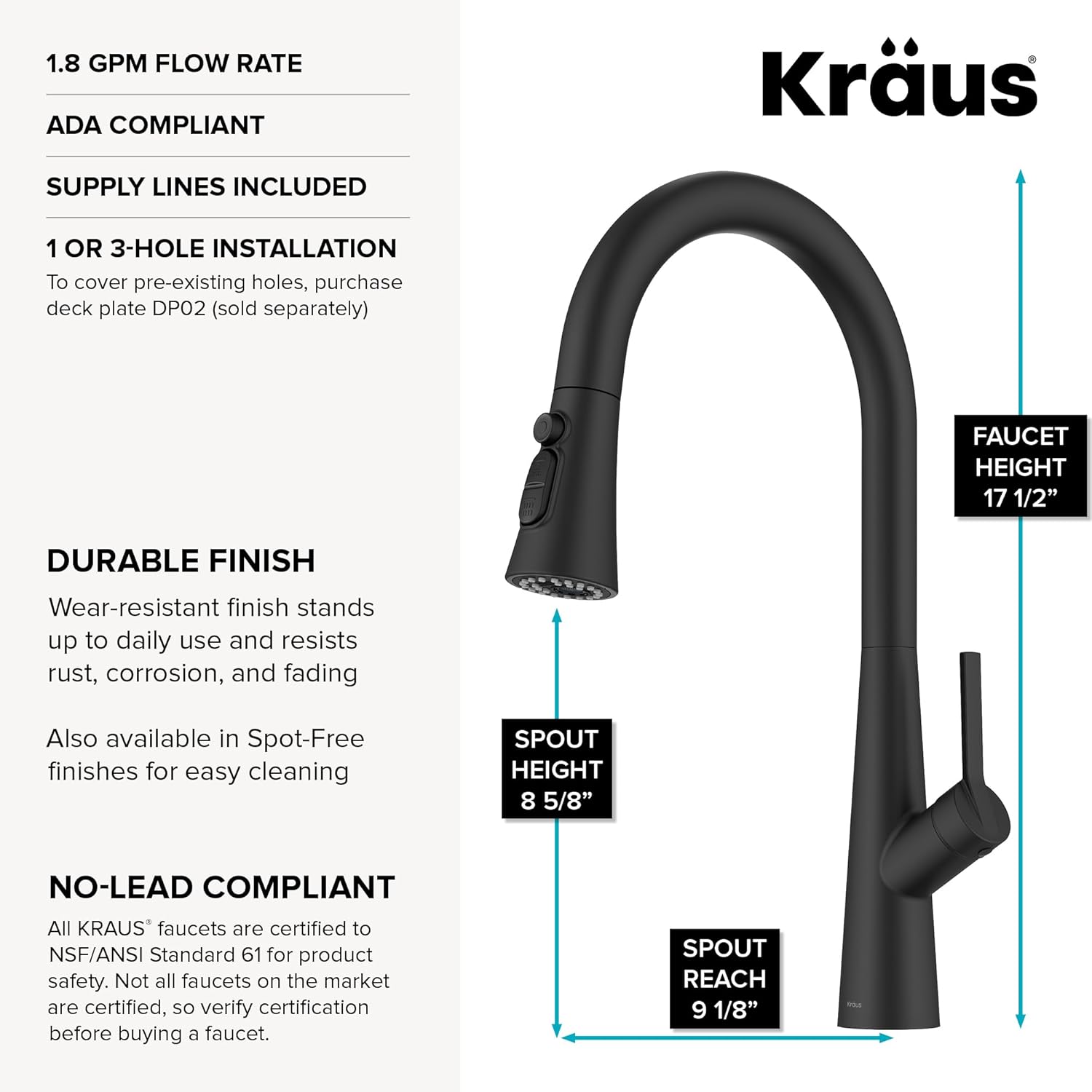 KRAUS Odelia 4-Function Single Handle Pull Down Kitchen Faucet in Matte Black with CleanSweep Blade Spray, KPF-3220MB