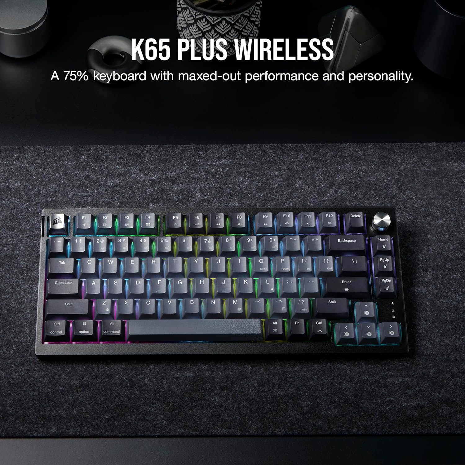Corsair K65 Plus Wireless 75% RGB Mechanical Gaming Keyboard – Pre-Lubricated MLX Red Linear Switches – PBT Dye-Sub Keycaps – PC, Mac, PS5, PS4, Xbox, iPad – QWERTY NA – Black/Gray