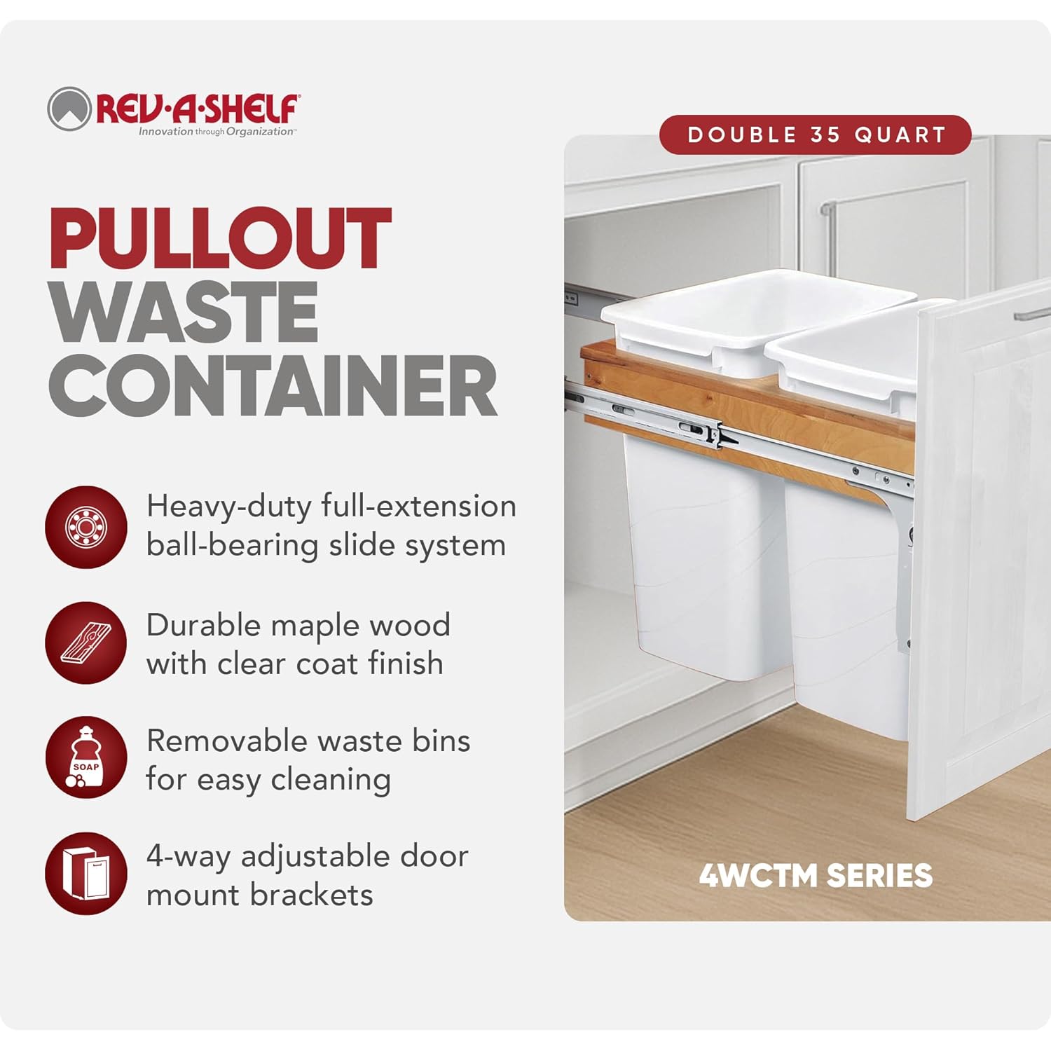 Rev-A-Shelf Top Mount Double Pullout Under Cabinet 35 Quart Kitchen Trash Cans with 150 Pound Rated Full-Extension Slides, 4WCTM-18DM2