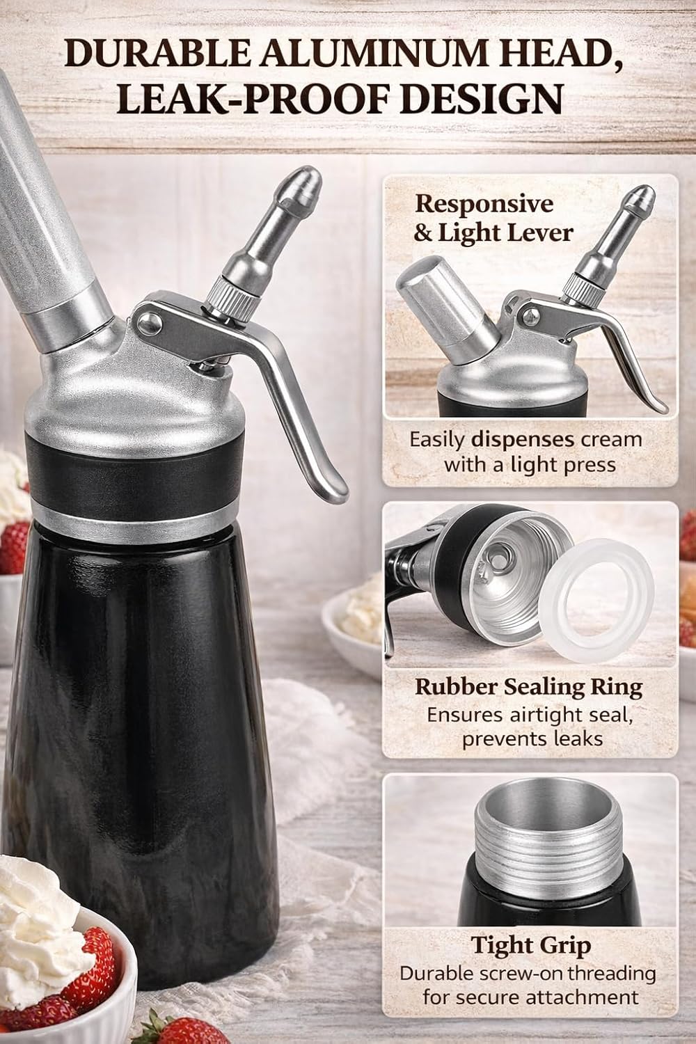 Whipped Cream Dispenser–Double Wall Insulated Aluminum Water Bottle with Stainless Steel 3 Nozzles, Extra-Large Capacity Whipping Cream Maker for Desserts, Coffee, Cocktails More-500Ml-Pink