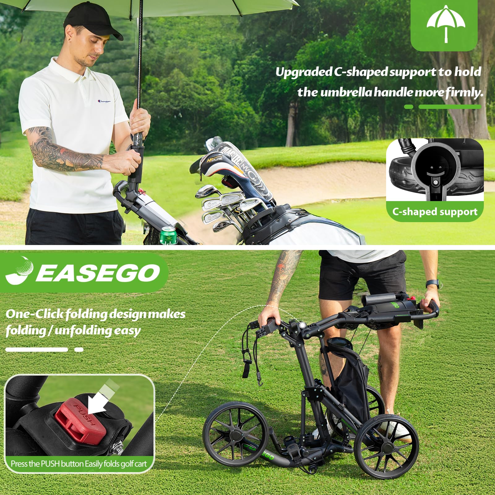 EASEGO Golf Push Cart – Foldable 3 Wheel Caddy