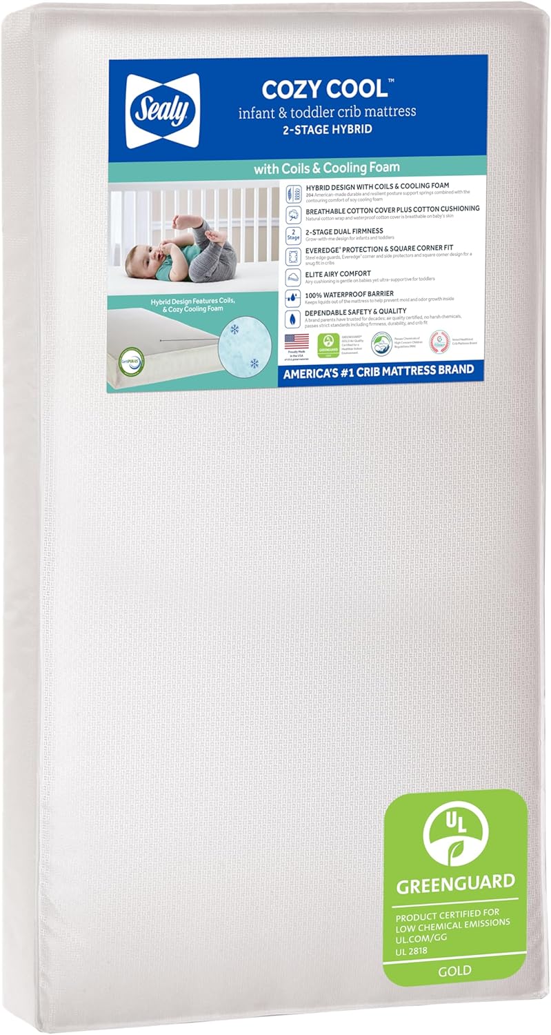 Sealy Baby Cozy Cool Hybrid Breathable Crib Mattress, GREENGUARD GOLD Certified, Made in USA, Cooling Foam, 2 Stage, Toddler Bed Fit, 204 Coils & Cotton Cover, Safety & Quality Tested, 52x28