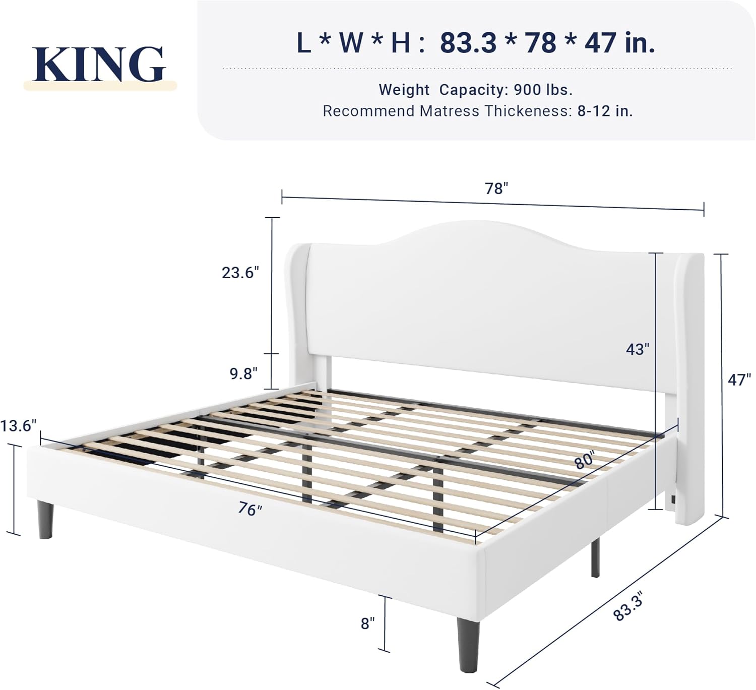 Allewie King Size Bed Frame, Upholstered Wingback Platform with 47