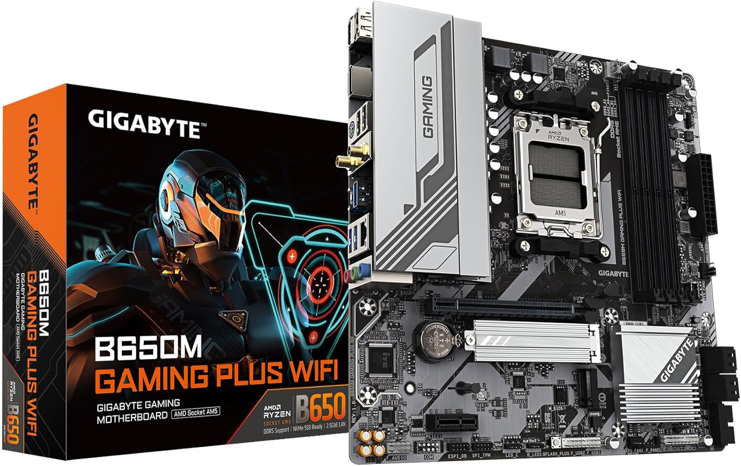 GIGABYTE B650M GAMING PLUS WIFI AMD AM5 mATX Motherboard, Support Ryzen 9000/8000/7000 Series, DDR5, 5+2+2 Power Phase, 2x M.2, PCIe 4.0, USB-C 3.2 Gen 1, WIFI6E, 2.5GbE, EZ-Latch, Q-Flash, RGB Fusion