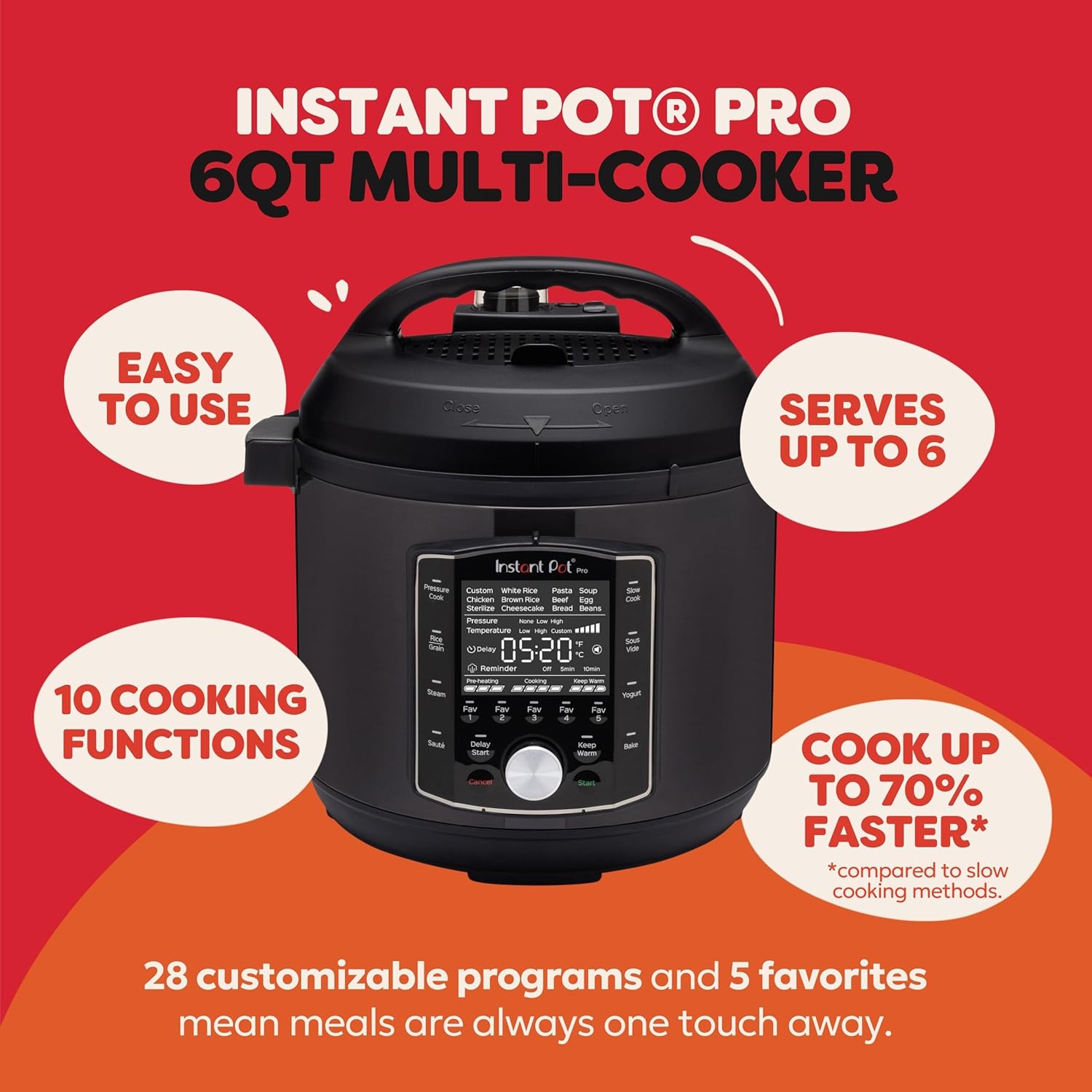 Instant Pot Pro 10-in-1 Pressure Cooker, Slow Cooker, Rice/Grain Cooker, Steamer, Sauté, Sous Vide, Yogurt Maker, Sterilizer, and Warmer, Includes App With Over 800 Recipes, Black, 6 Quart