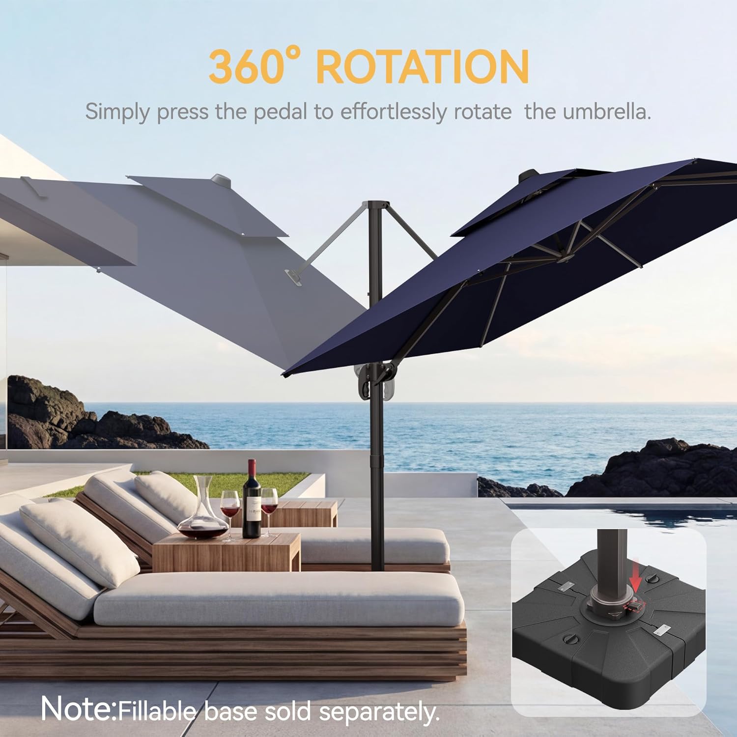 9x12 FT Patio Umbrella, Large Cantilever Rectangular Double Top Heavy Duty Offset Umbrellas with 360° Rotation, Outdoor shade for Garden Deck Pool, Navy