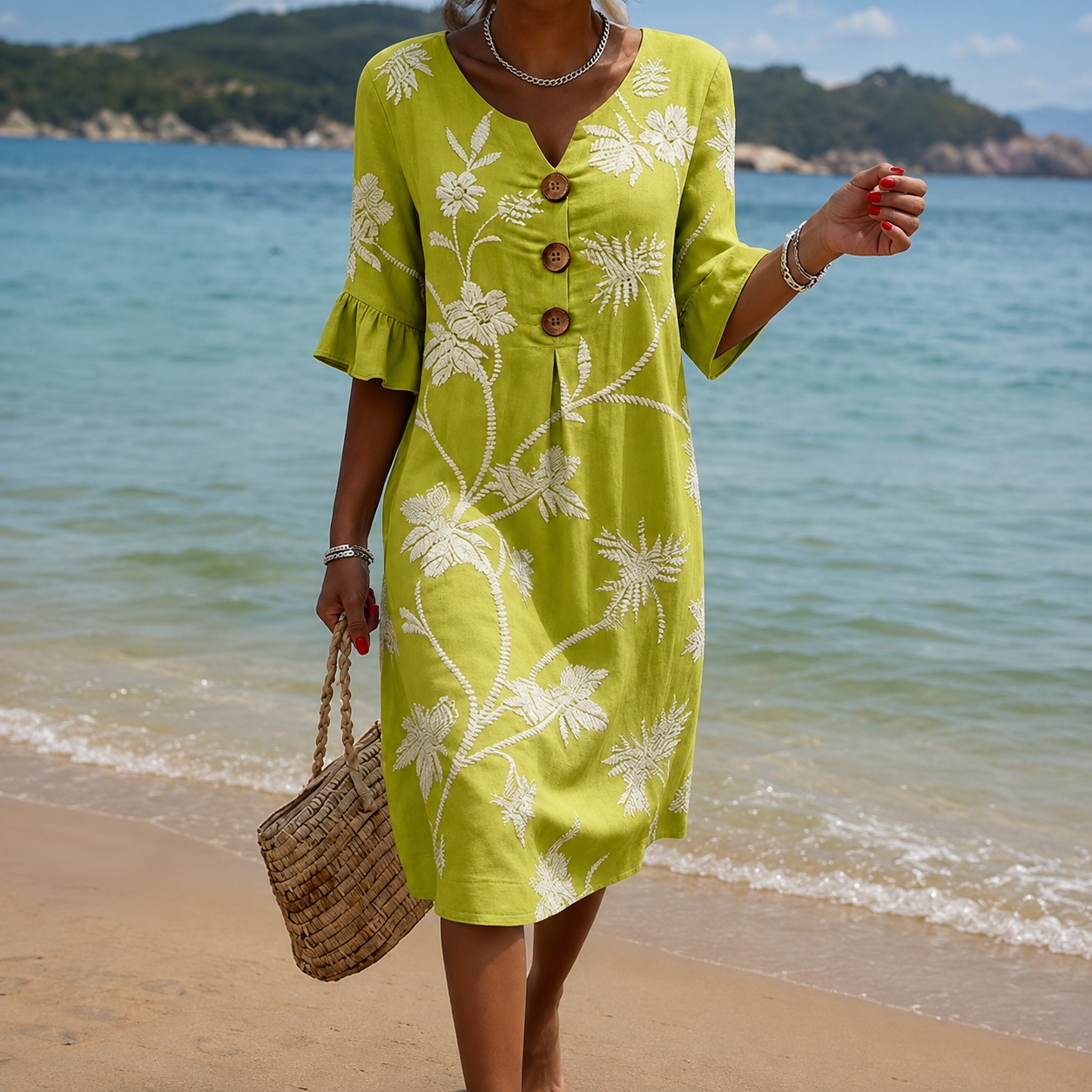 🌸Midi-Kleid im Boho-Stil mit V-Ausschnitt und Leinen-Optik