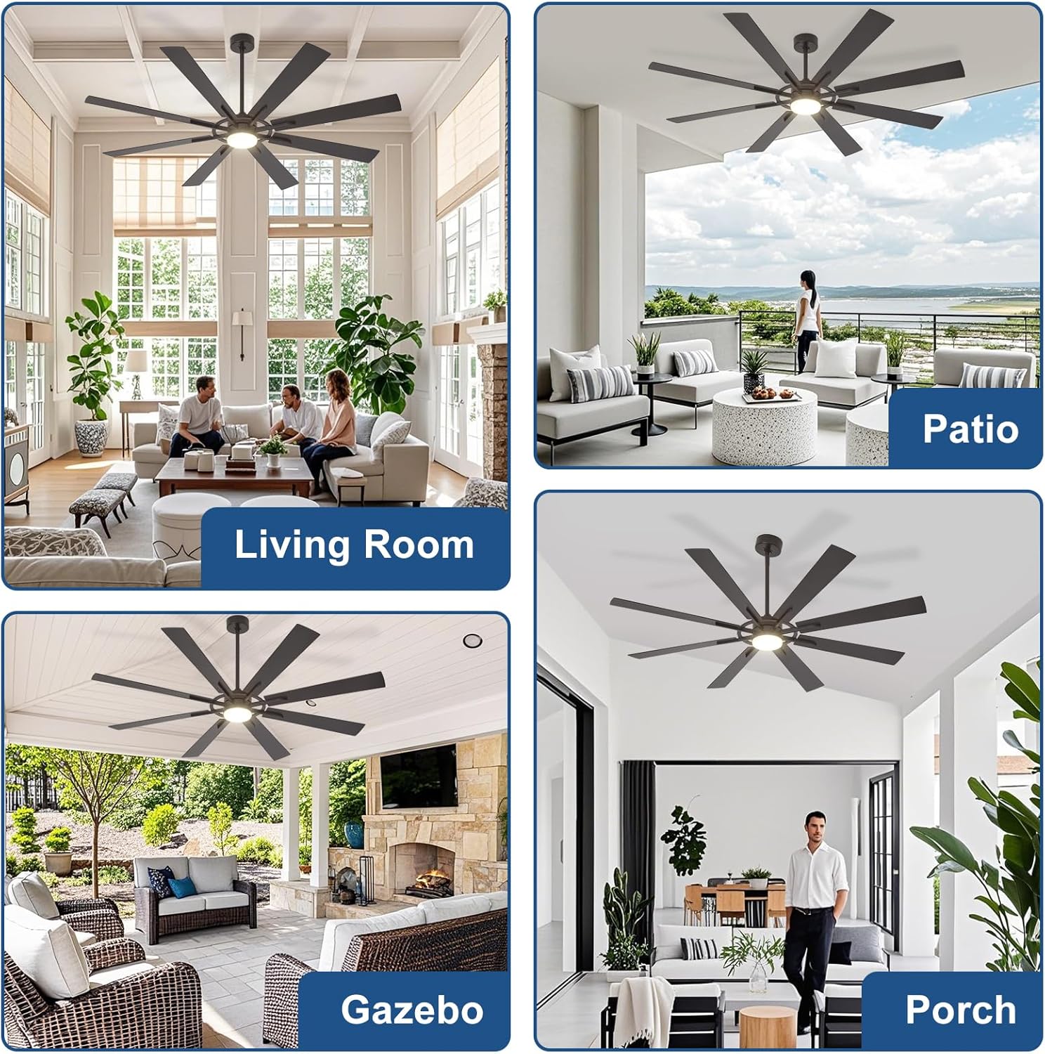 Large Ceiling Fans with Lights: Modern 72 Inch 8 Blade Outdoor Ceiling Fan with Remote APP Control - Dimmable Black Big Fan light Indoor Reversible 6 Speed Quiet DC Motor
