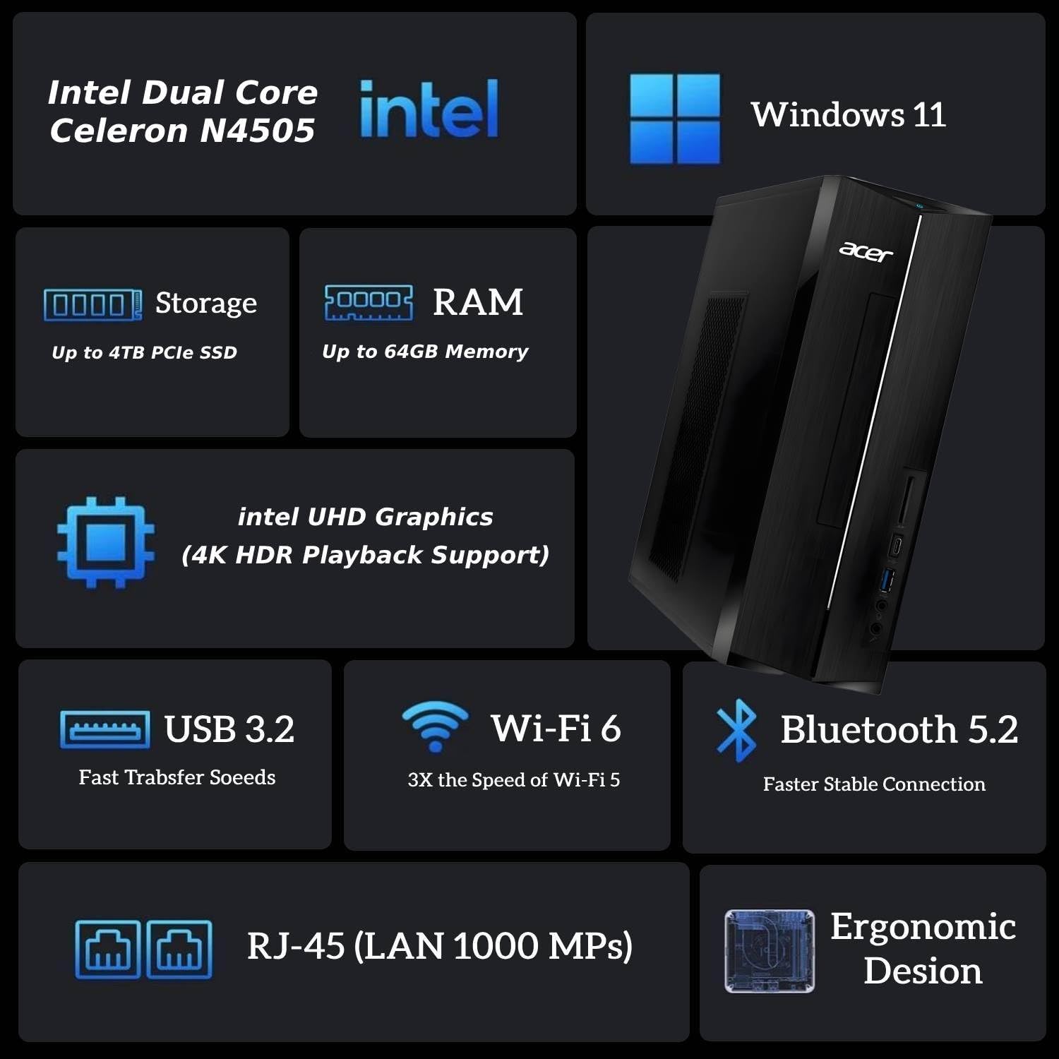 acer Aspire Business Desktop, Intel Processor, 8GB Memory, 256GB PCIe SSD, Ultra-Quiet Design, SD Card Reader, Dual 4K Monitor Support, USB-C, Wired Keyboard and Mouse, Windows 11