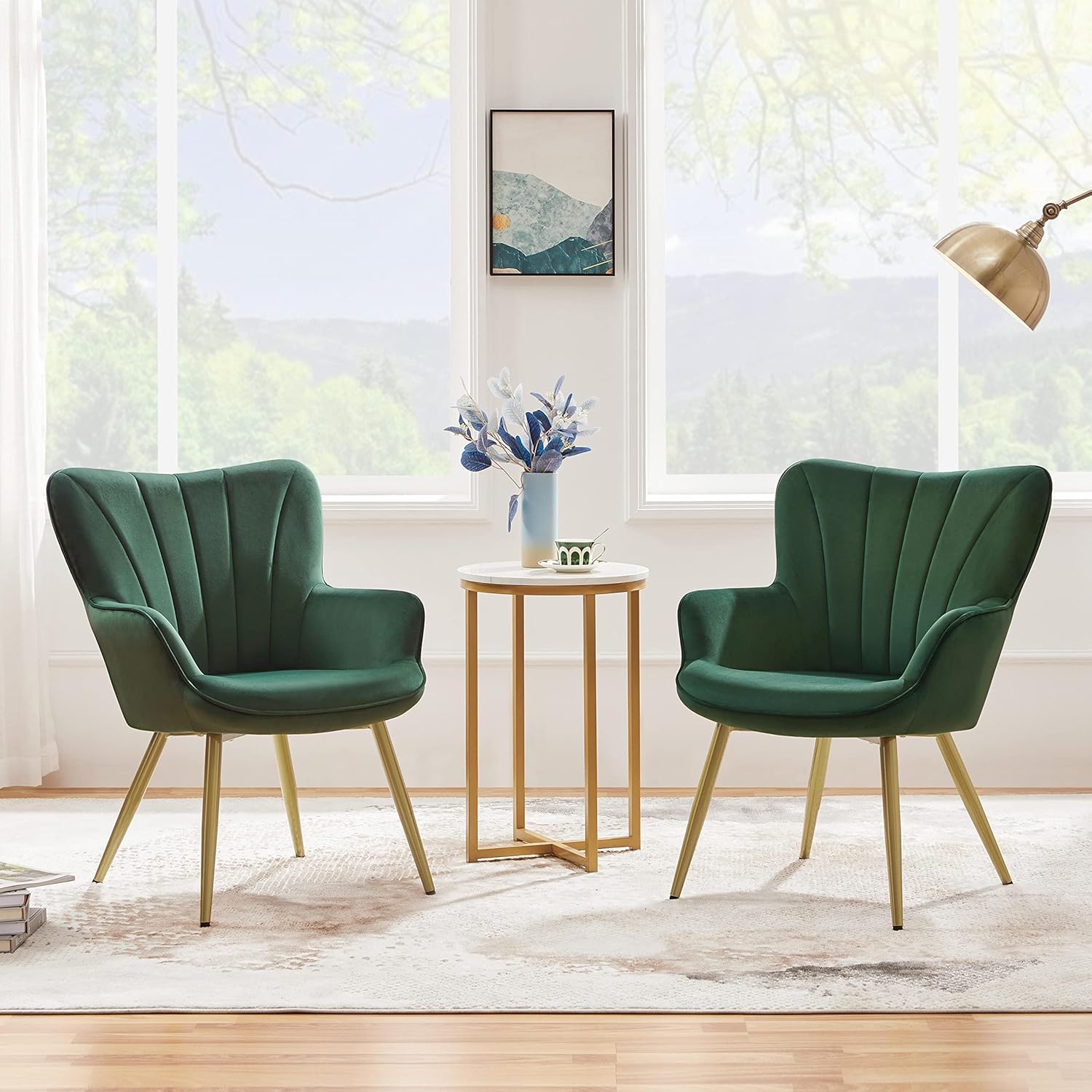 Yaheetech Velvet Accent Chair, Modern Armchair with Wing Side and Metal Legs, Cozy and Soft Padded and High Back for Living Room/Home Office/Bedroom, Set of 2, Green