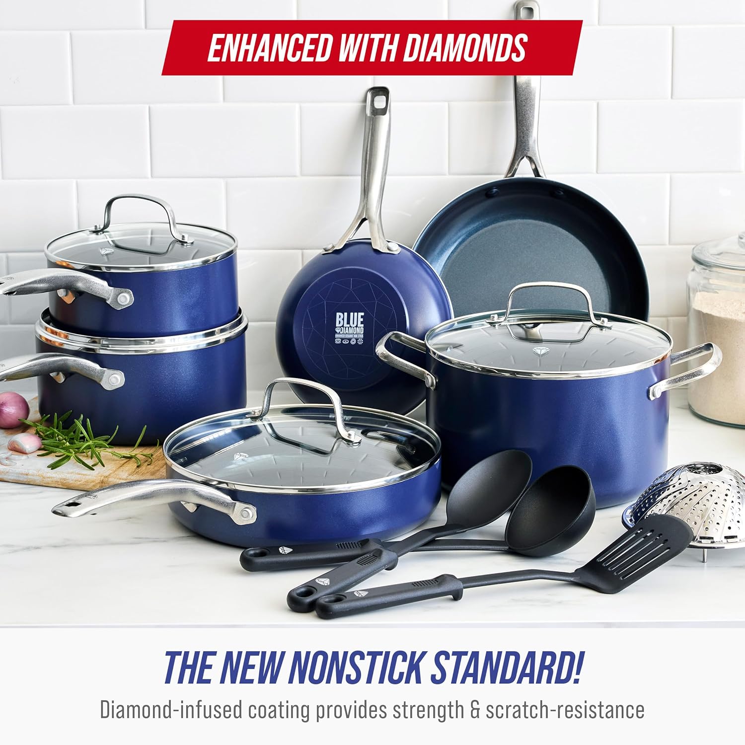 Blue Diamond 14 Piece Cookware Set, Diamond Infused PFAS & PFOA-Free Ceramic Nonstick Pots and Pans, Durable, Non Toxic, Metal Utensil Safe & Scratch Resistant, Dishwasher & Oven Safe, Blue